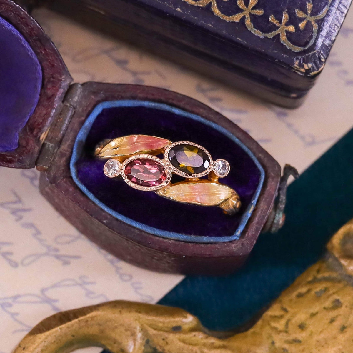 Antique Tourmaline and Diamond Ring of Enamel and 10k Gold - Trademark Antiques