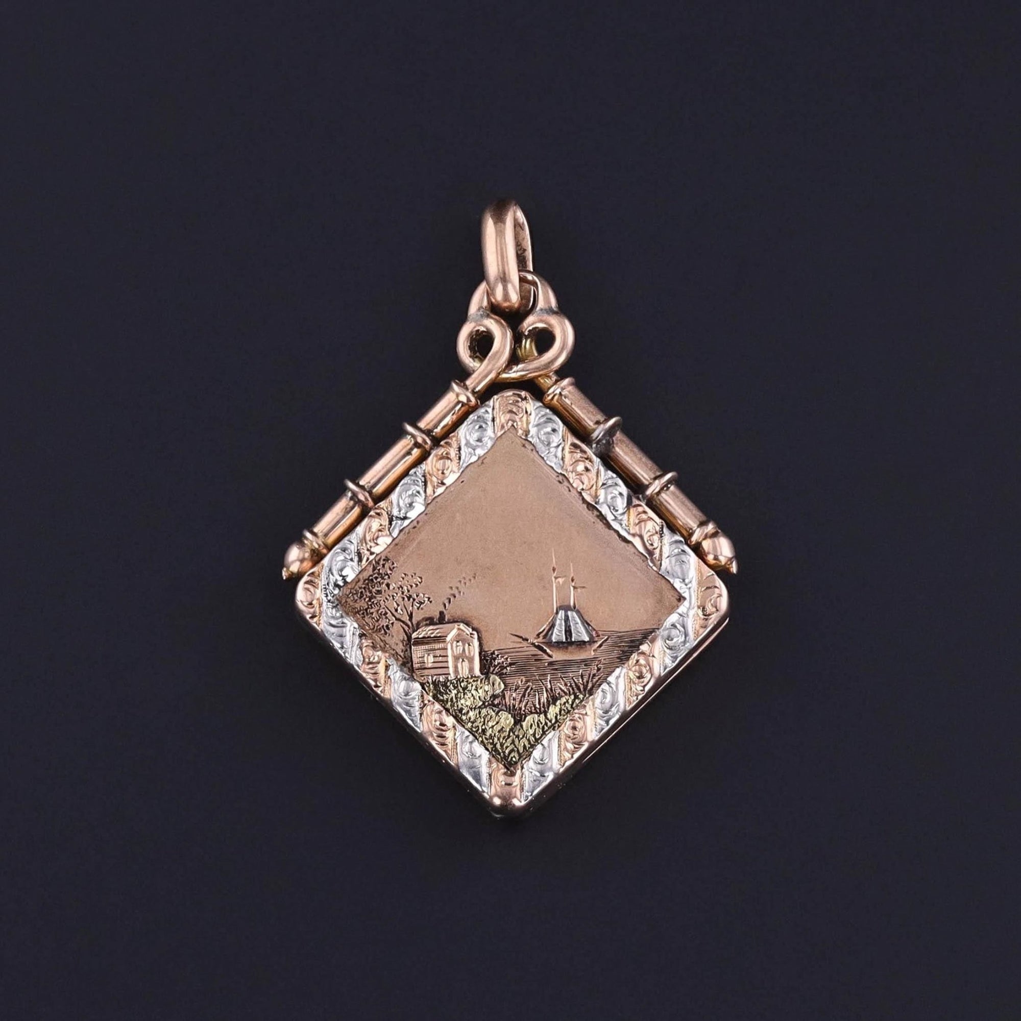 Antique Tricolor Gold Sailboat Locket of 9ct Gold - Trademark Antiques