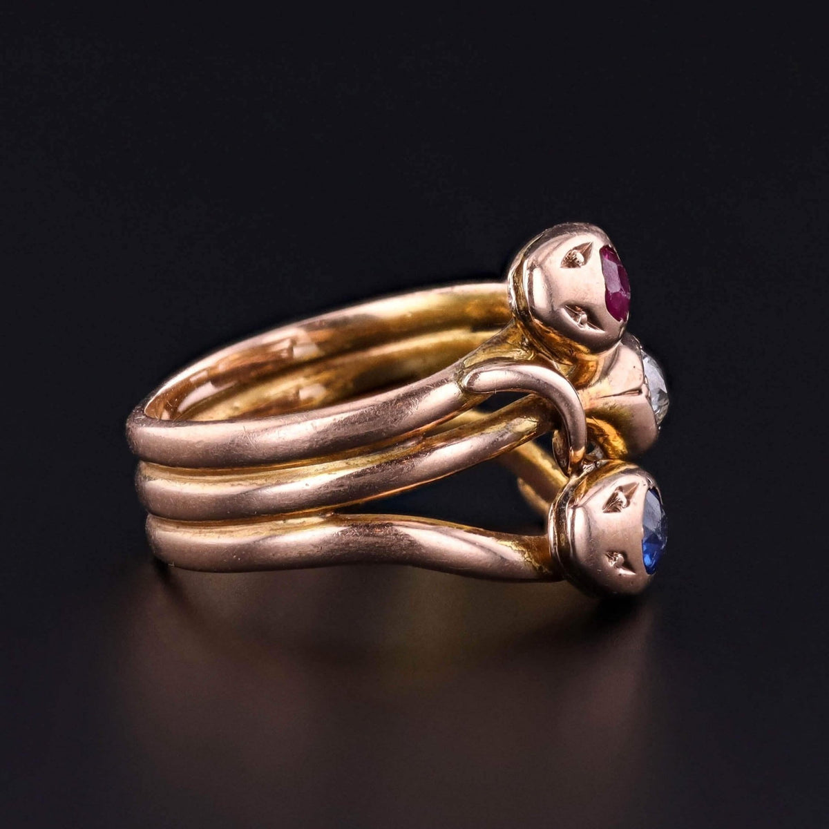 Antique Triple Snake Ring with Ruby, Diamond, and Sapphire in 15ct Gold - Trademark Antiques