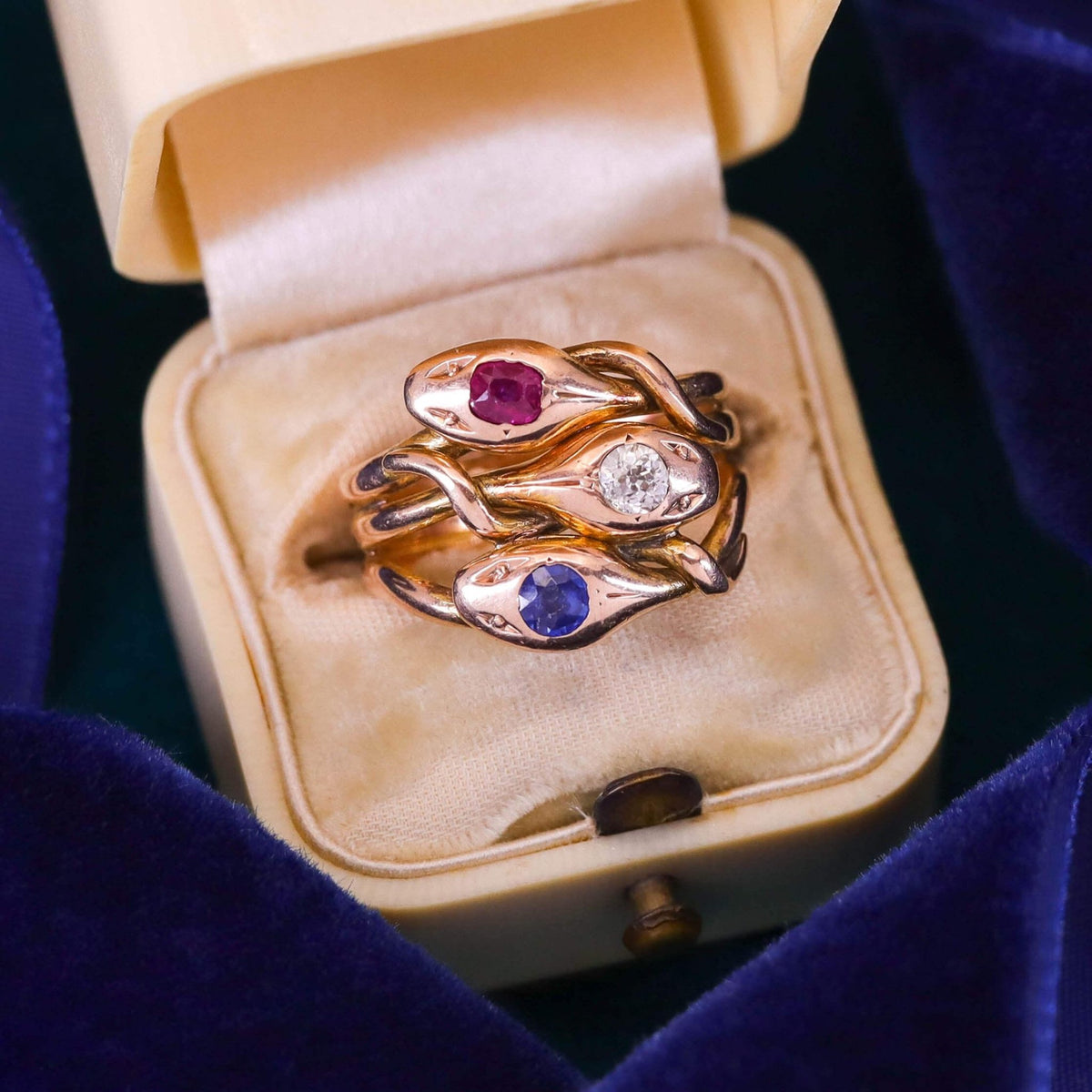 Antique Triple Snake Ring with Ruby, Diamond, and Sapphire in 15ct Gold - Trademark Antiques