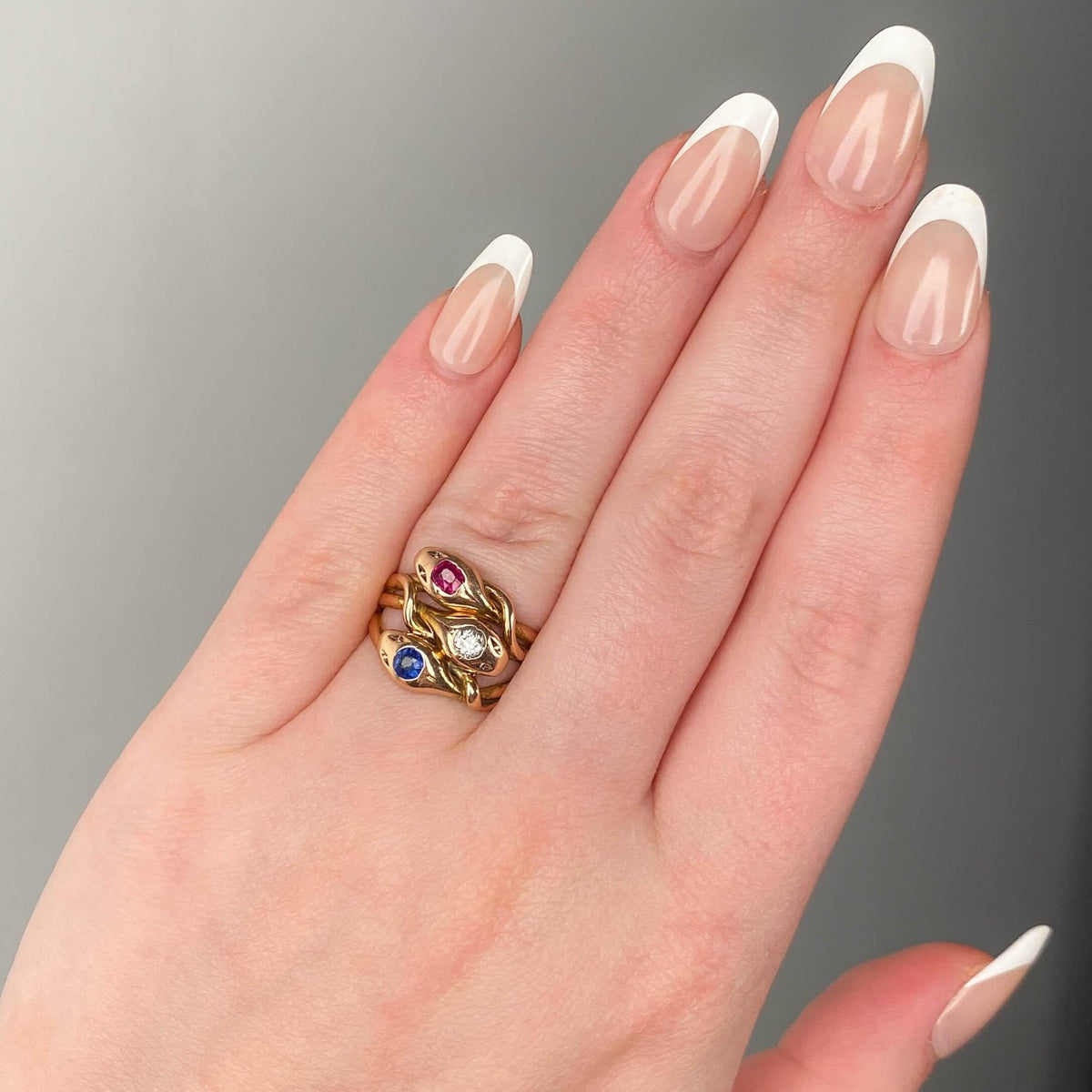 Antique Triple Snake Ring with Ruby, Diamond, and Sapphire in 15ct Gold - Trademark Antiques
