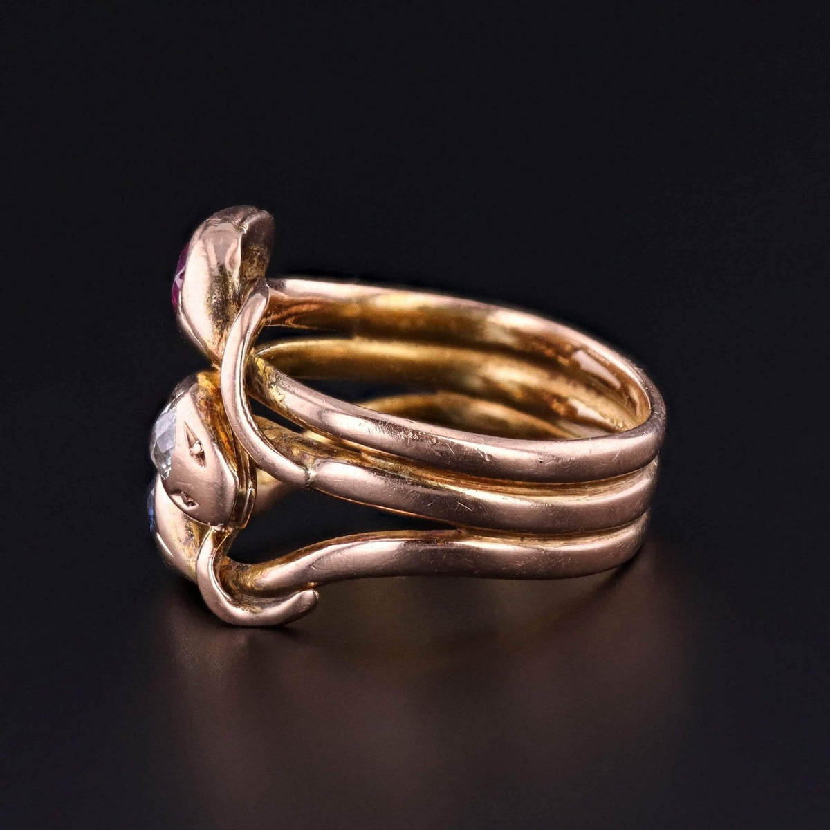 Antique Triple Snake Ring with Ruby, Diamond, and Sapphire in 15ct Gold - Trademark Antiques
