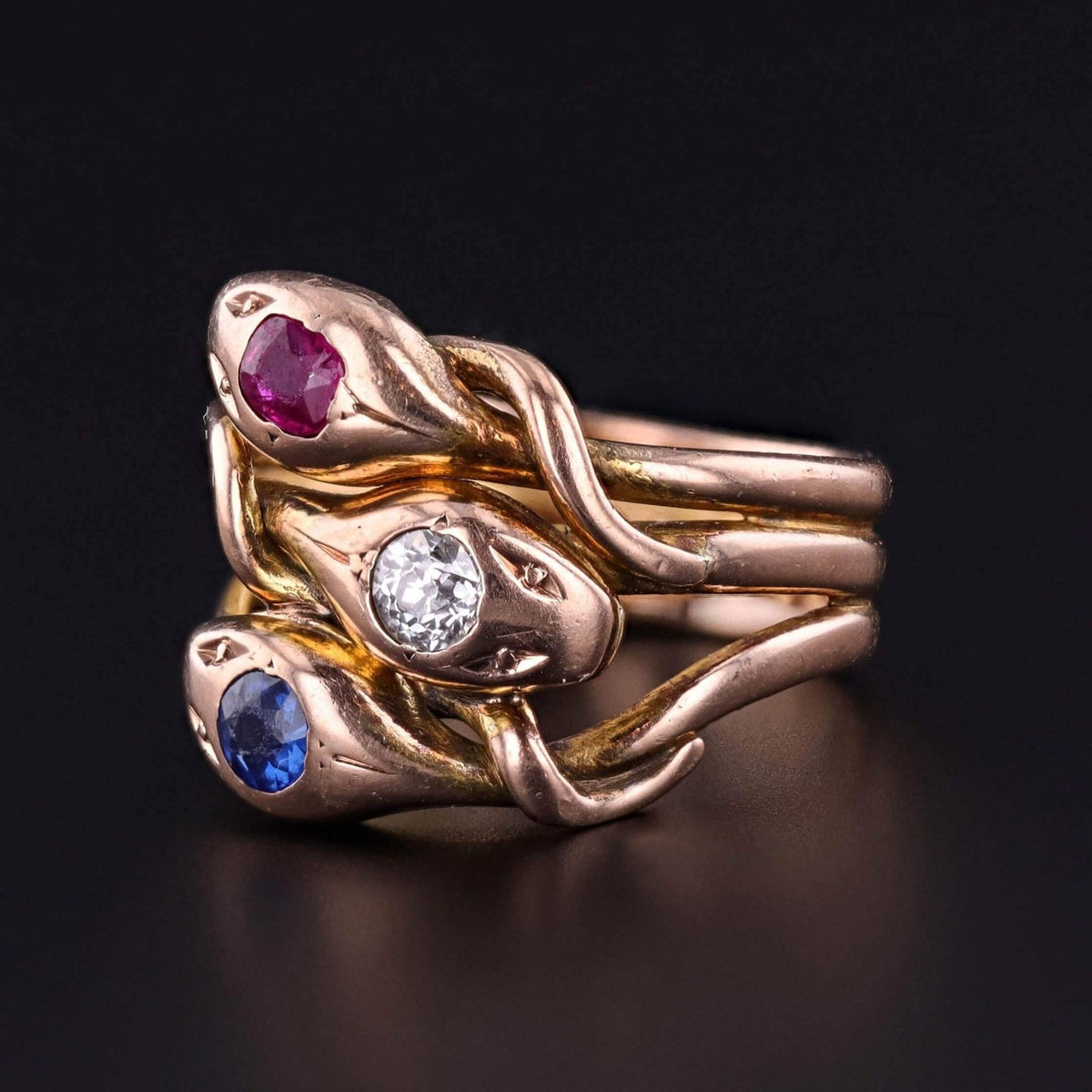 Antique Triple Snake Ring with Ruby, Diamond, and Sapphire in 15ct Gold - Trademark Antiques