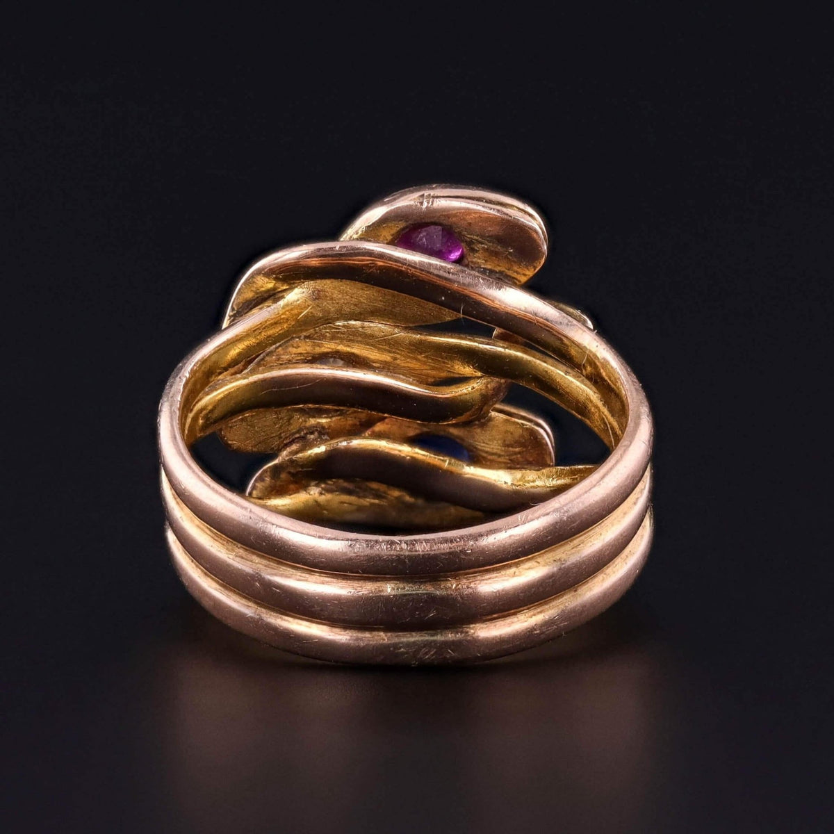 Antique Triple Snake Ring with Ruby, Diamond, and Sapphire in 15ct Gold - Trademark Antiques