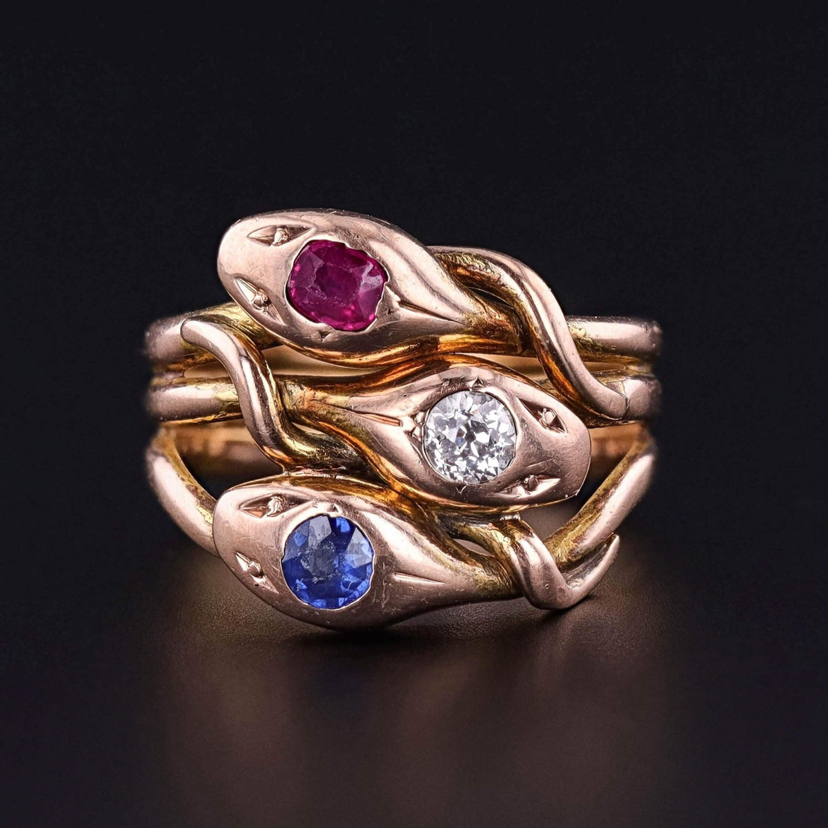 Antique Triple Snake Ring with Ruby, Diamond, and Sapphire in 15ct Gold - Trademark Antiques