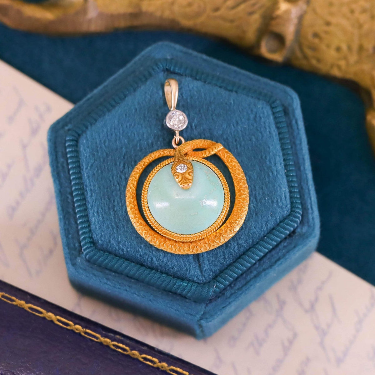 Antique Turquoise and Diamond Snake Pendant of 14k Gold - Trademark Antiques