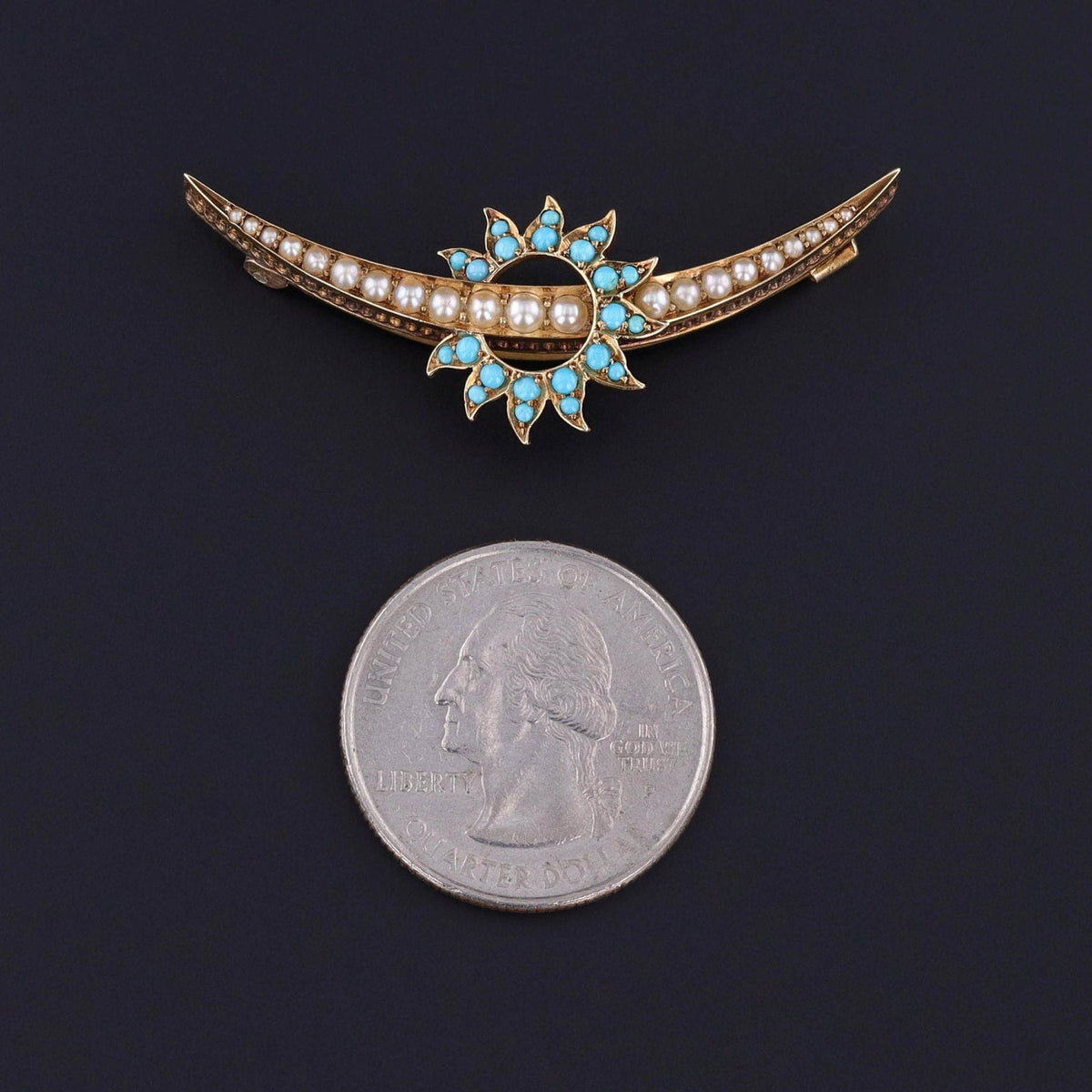Antique Turquoise and Pearl Crescent Brooch of 14k Gold - Trademark Antiques