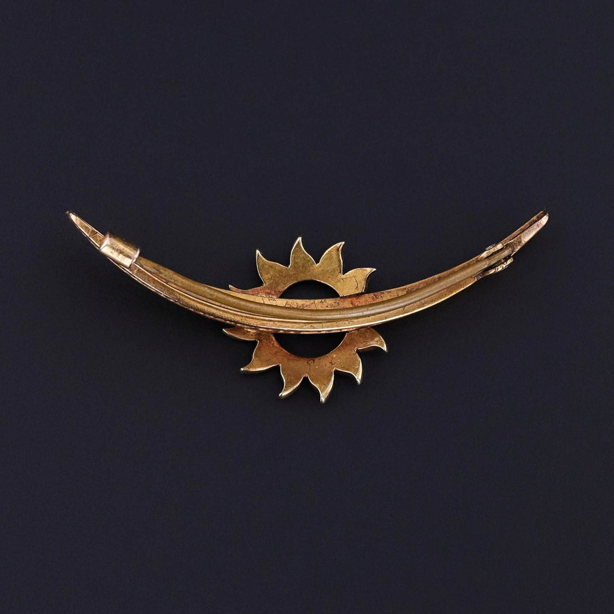 Antique Turquoise and Pearl Crescent Brooch of 14k Gold - Trademark Antiques