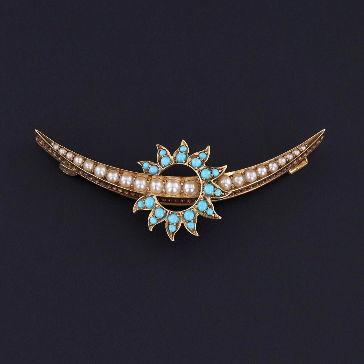 Antique Turquoise and Pearl Crescent Brooch of 14k Gold - Trademark Antiques
