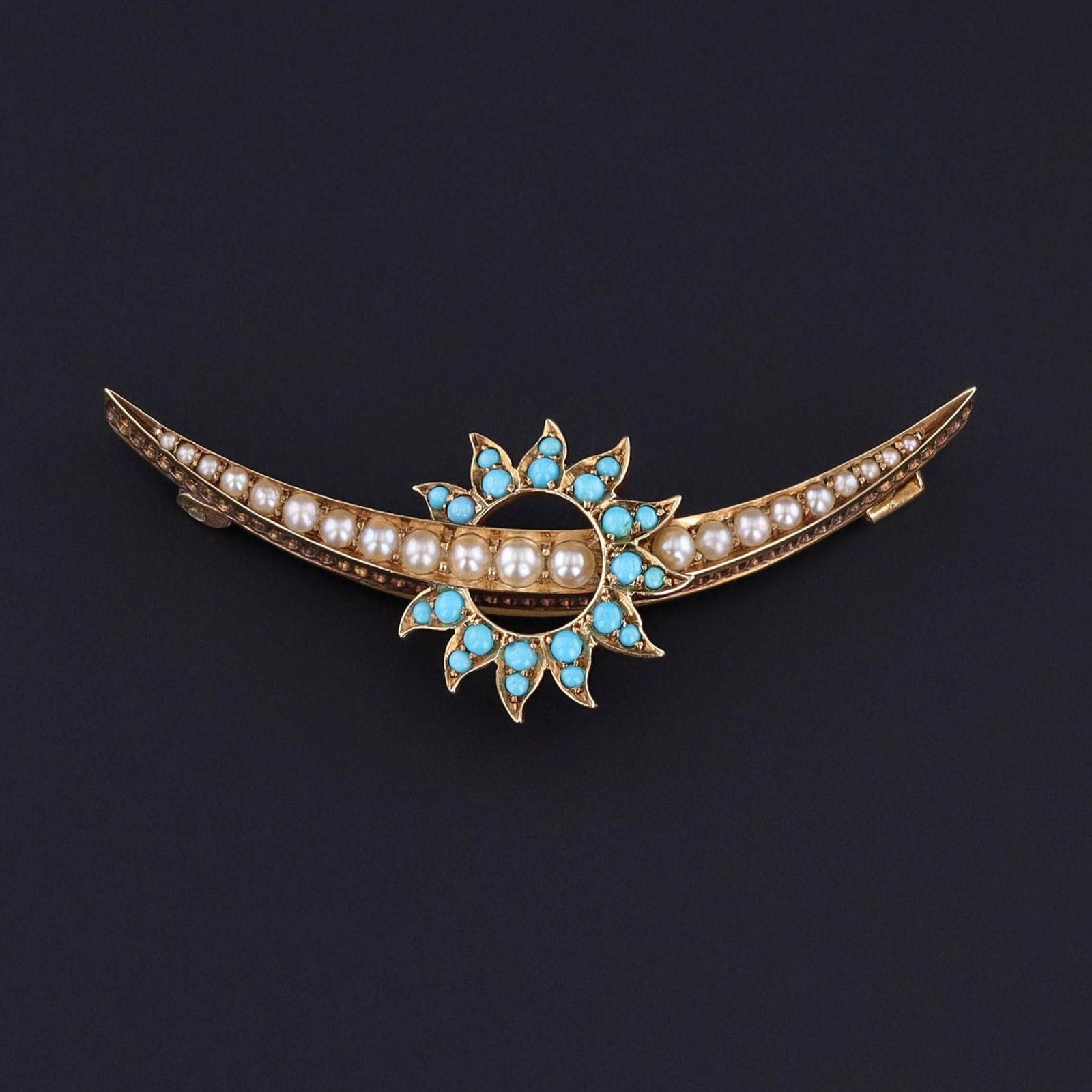 Antique Turquoise and Pearl Crescent Brooch of 14k Gold - Trademark Antiques