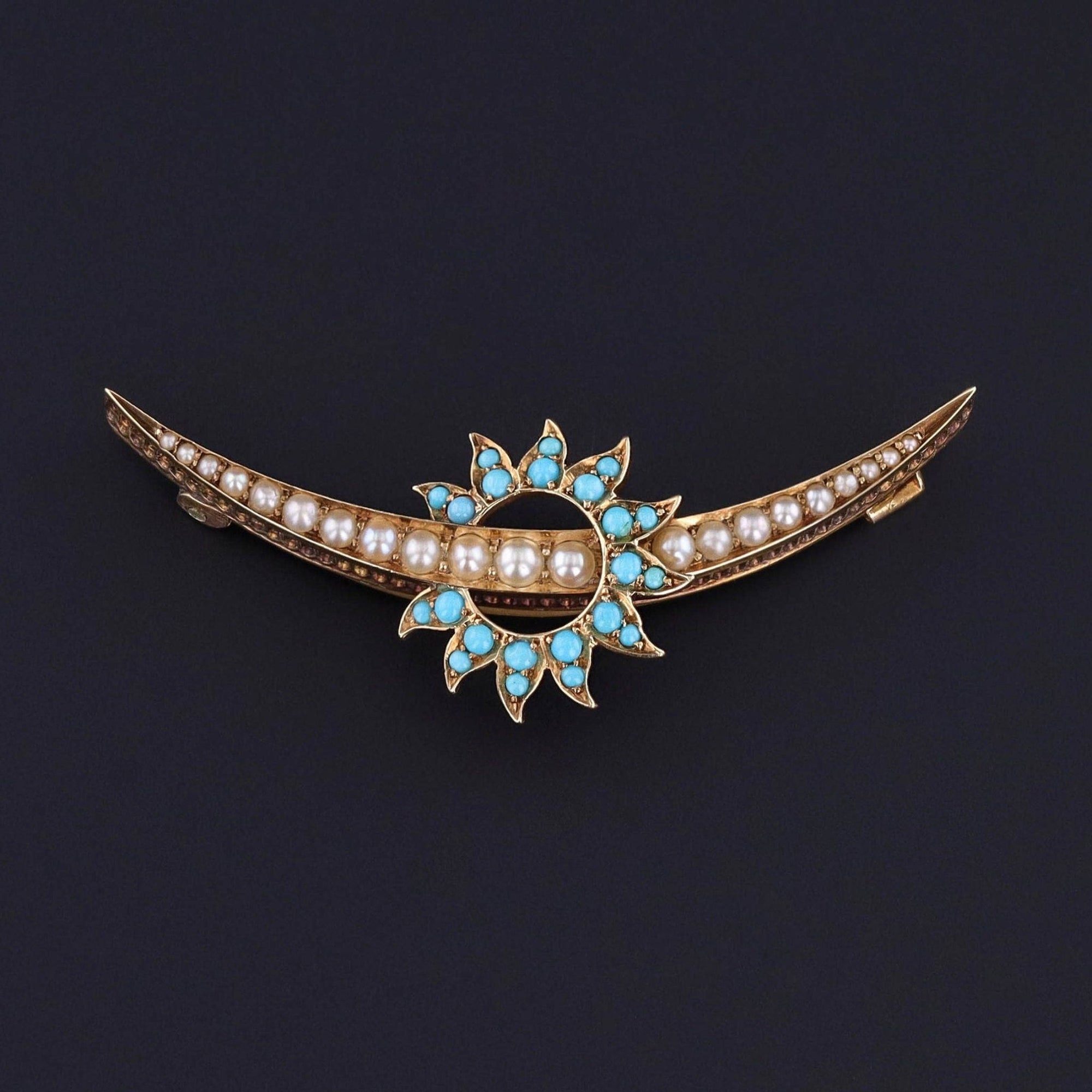 Antique Turquoise and Pearl Crescent Brooch of 14k Gold - Trademark Antiques