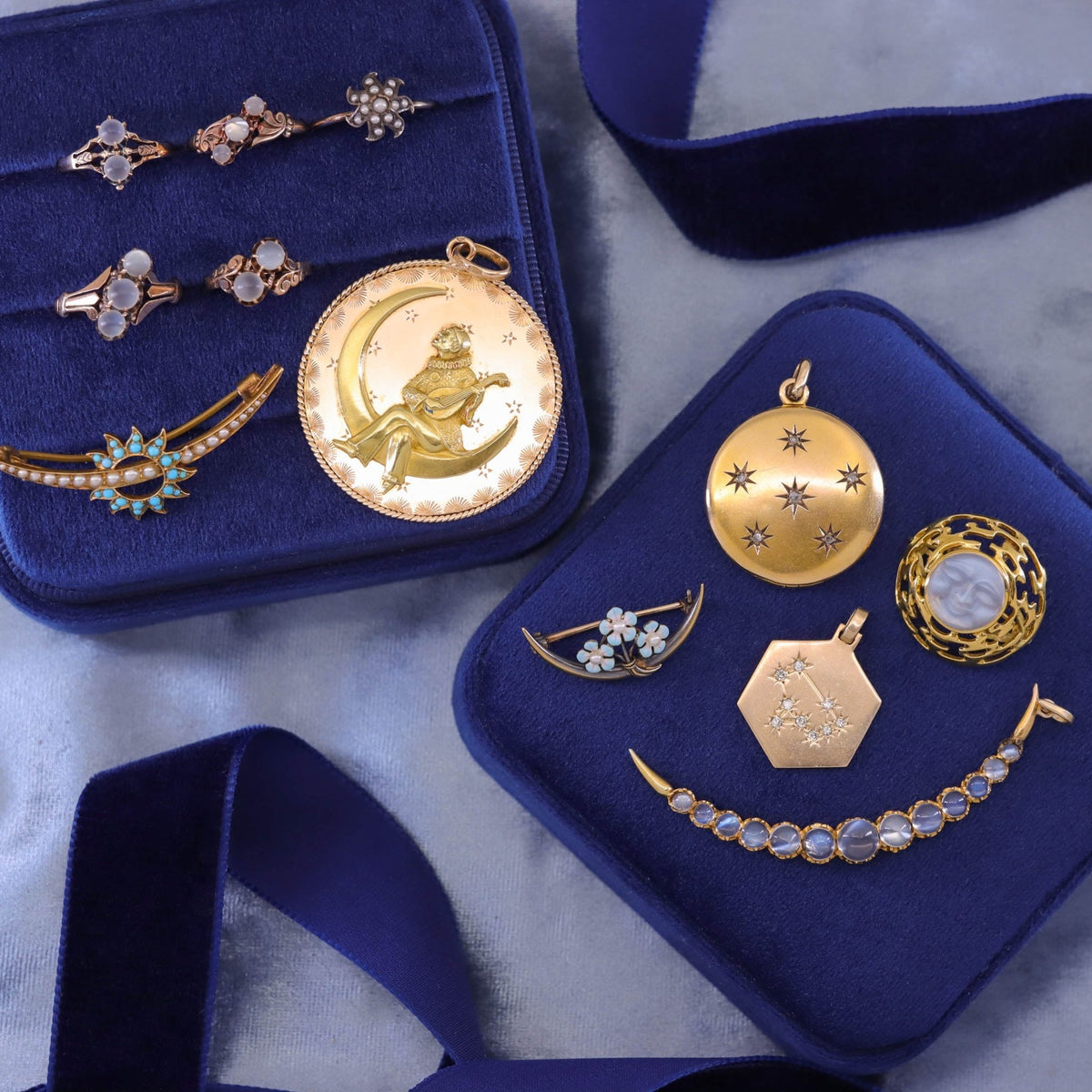 Antique Turquoise and Pearl Crescent Brooch of 14k Gold - Trademark Antiques