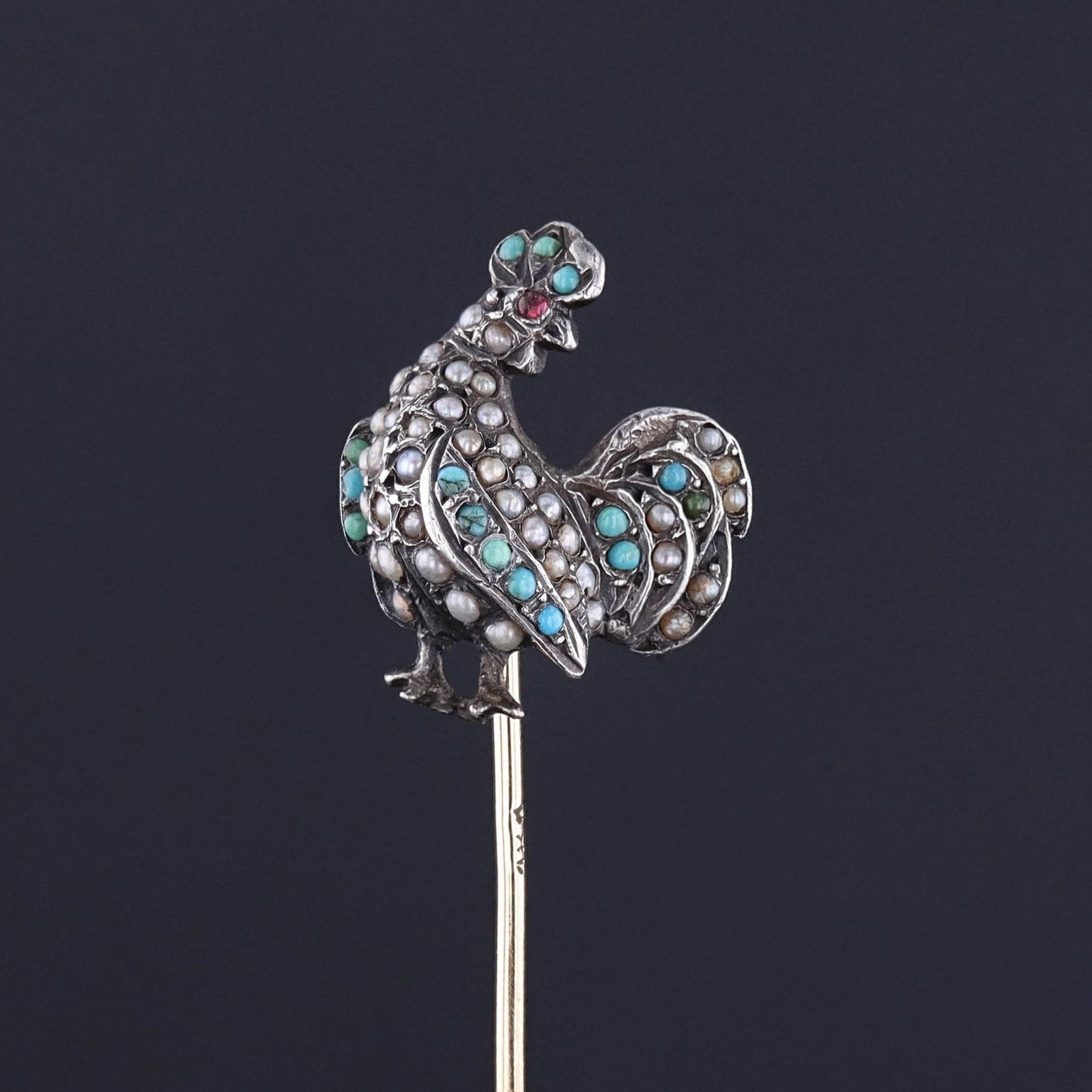 Antique Turquoise and Pearl Rooster Stick Pin - Trademark Antiques