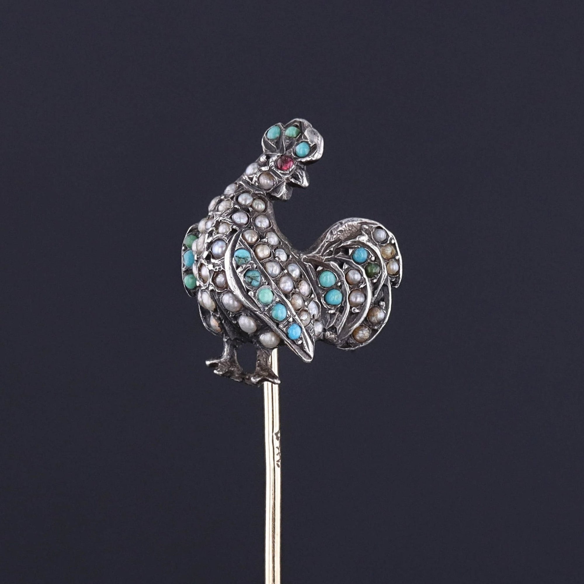 Antique Turquoise and Pearl Rooster Stick Pin - Trademark Antiques