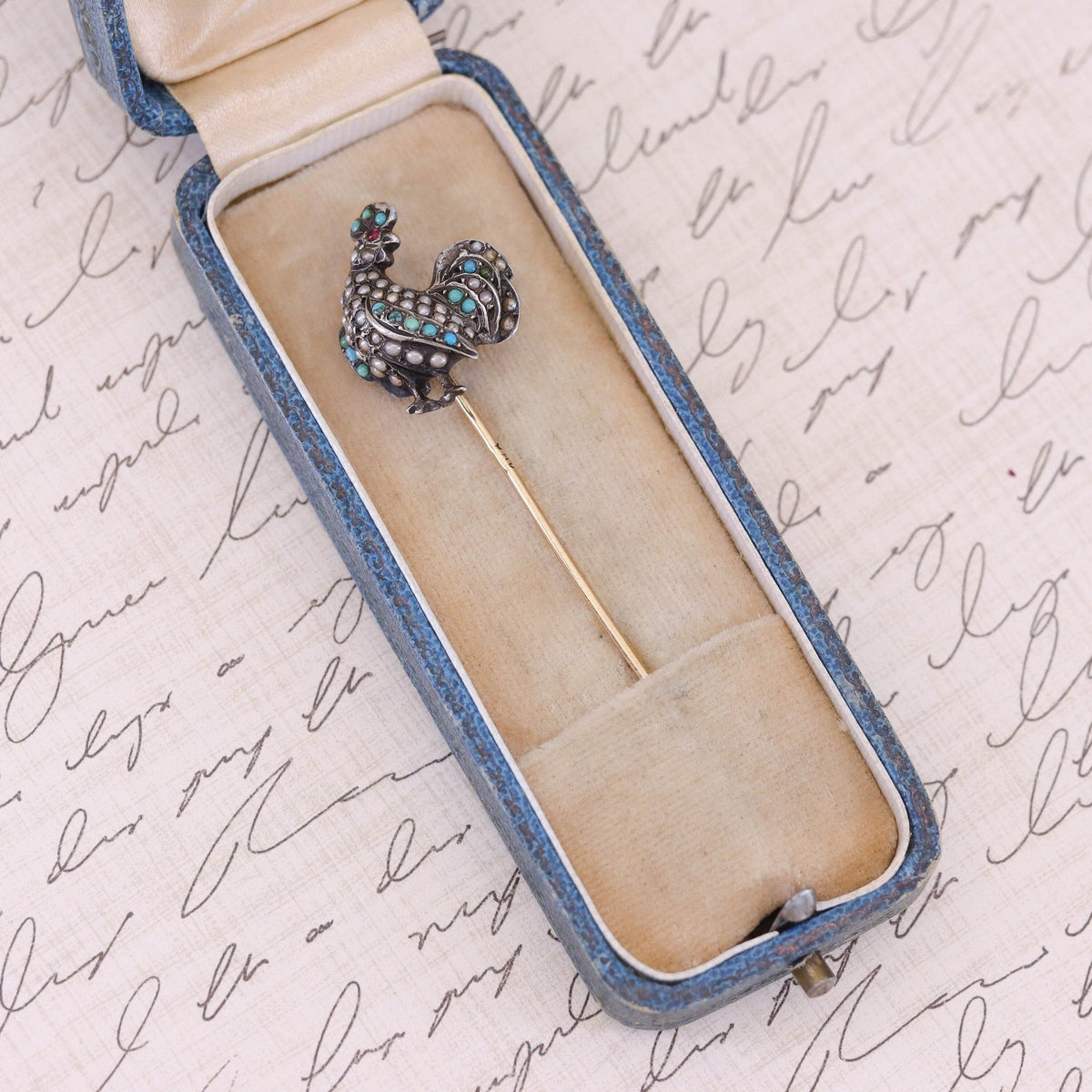 Antique Turquoise and Pearl Rooster Stick Pin - Trademark Antiques