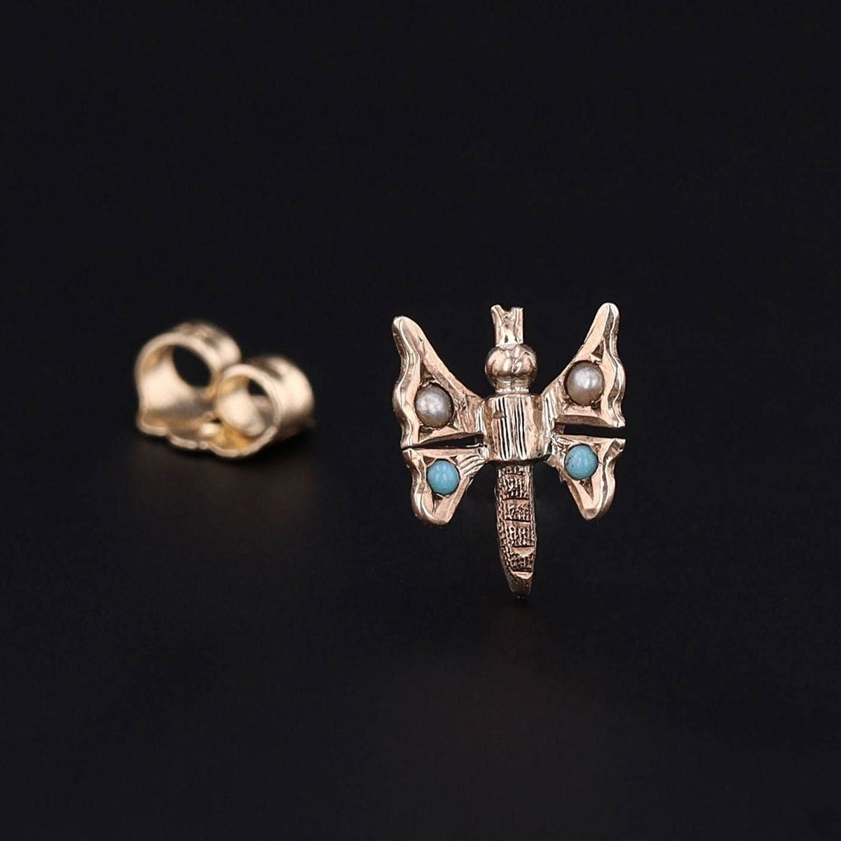 Antique Turquoise and Pearl Single Stud Butterfly Earring - Trademark Antiques
