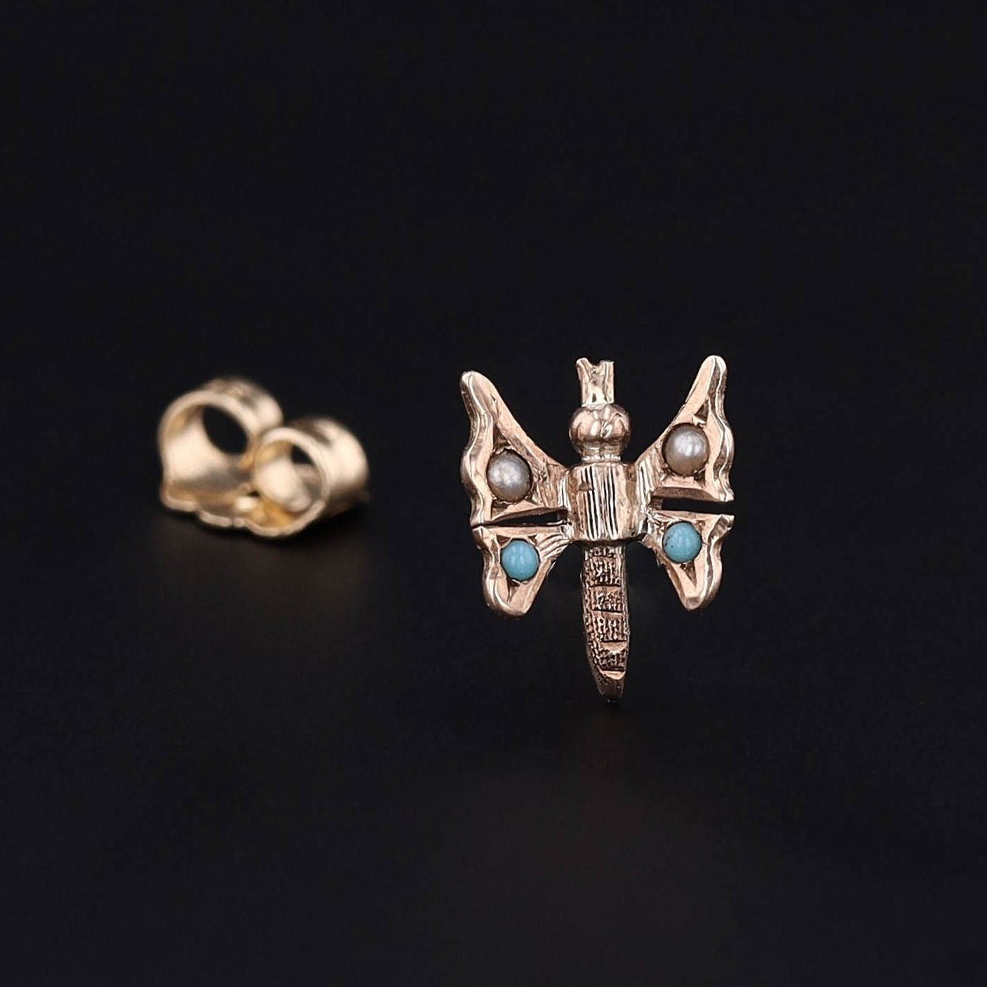 Antique Turquoise and Pearl Single Stud Butterfly Earring - Trademark Antiques