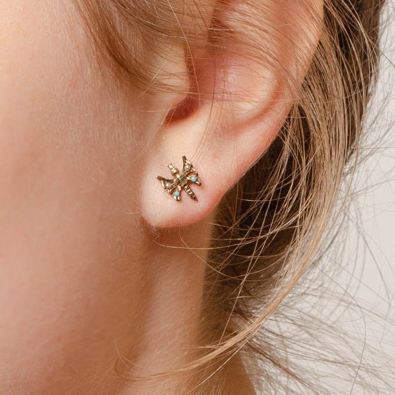 Antique Turquoise and Pearl Single Stud Butterfly Earring - Trademark Antiques