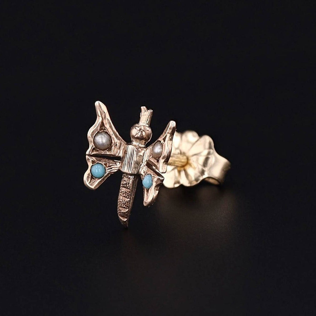 Antique Turquoise and Pearl Single Stud Butterfly Earring - Trademark Antiques