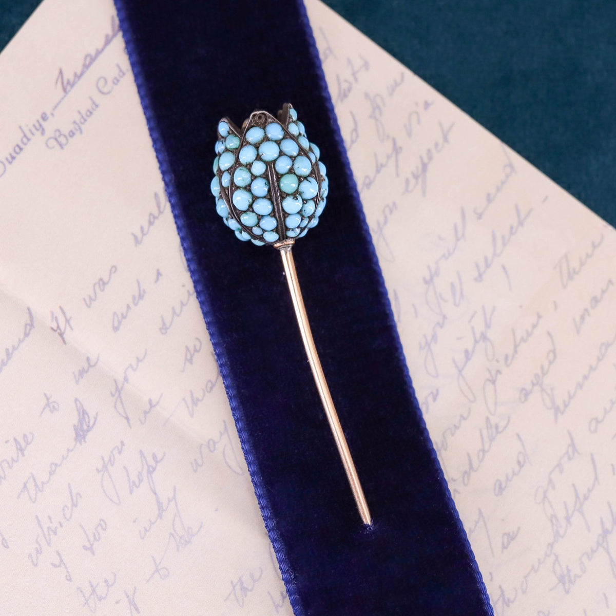 Antique Turquoise and Pearl Tulip Stickpin of 14k Gold - Trademark Antiques