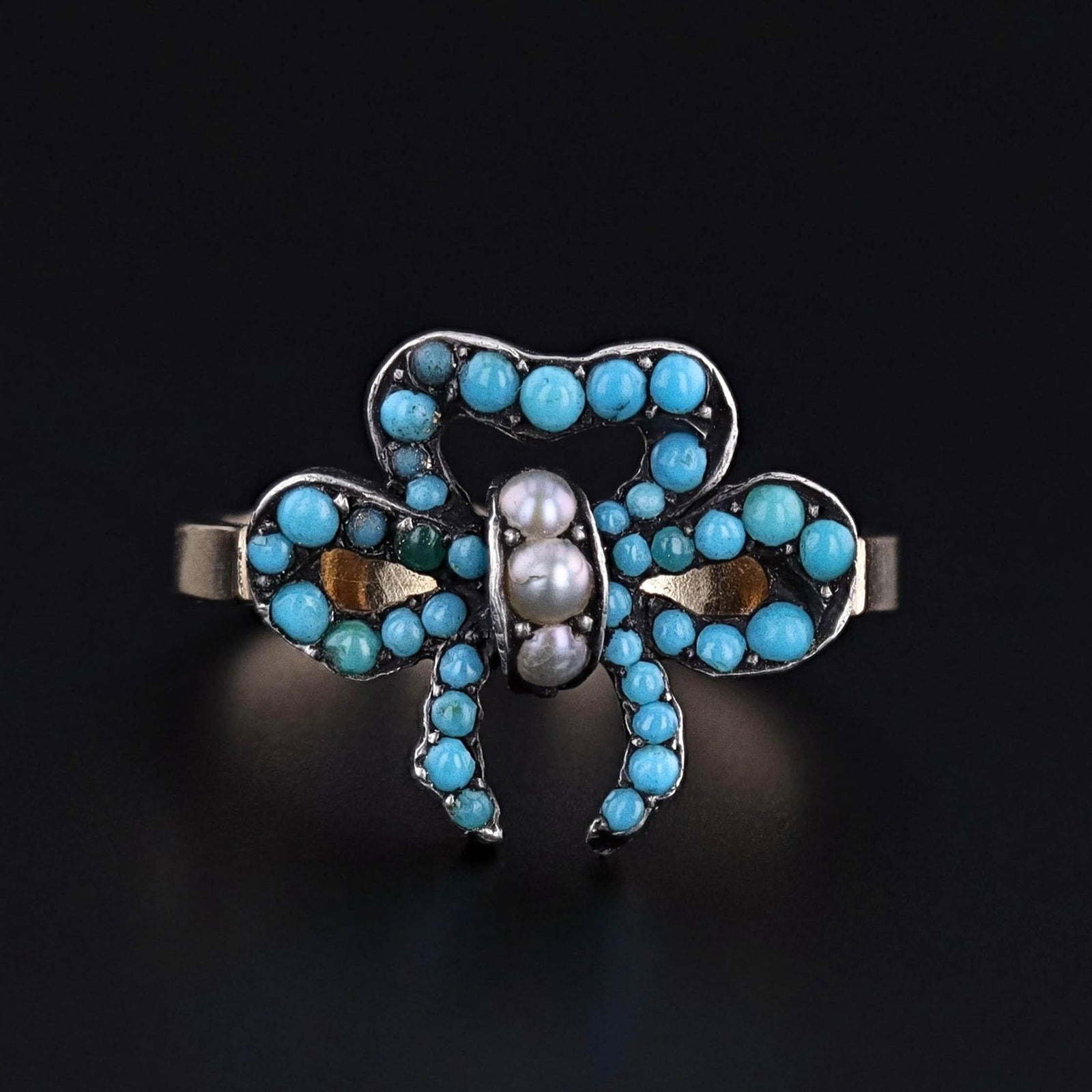 Antique Turquoise Bow Ring of 14k Gold & Silver - Trademark Antiques