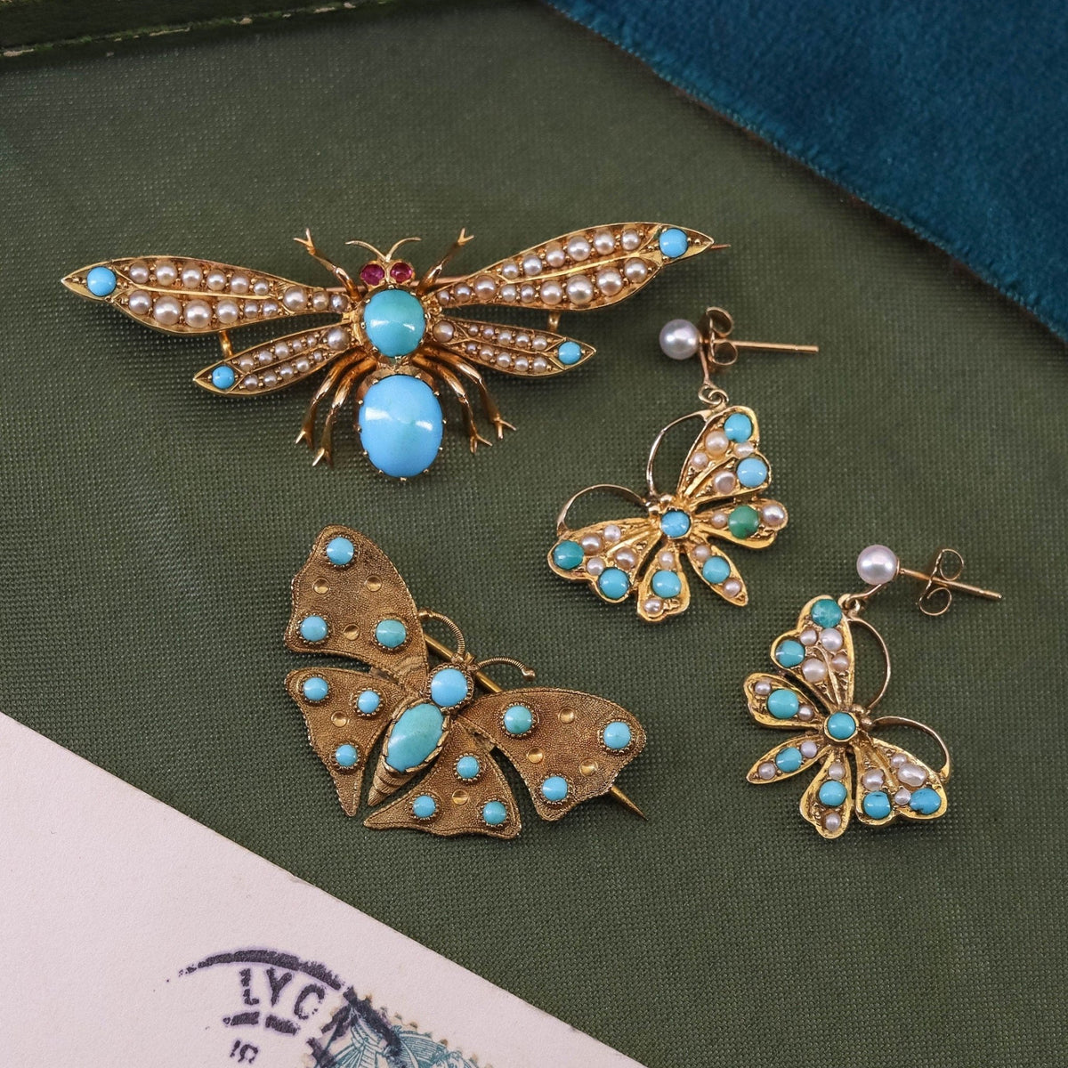 Antique Turquoise Butterfly Brooch of 14k Gold - Trademark Antiques