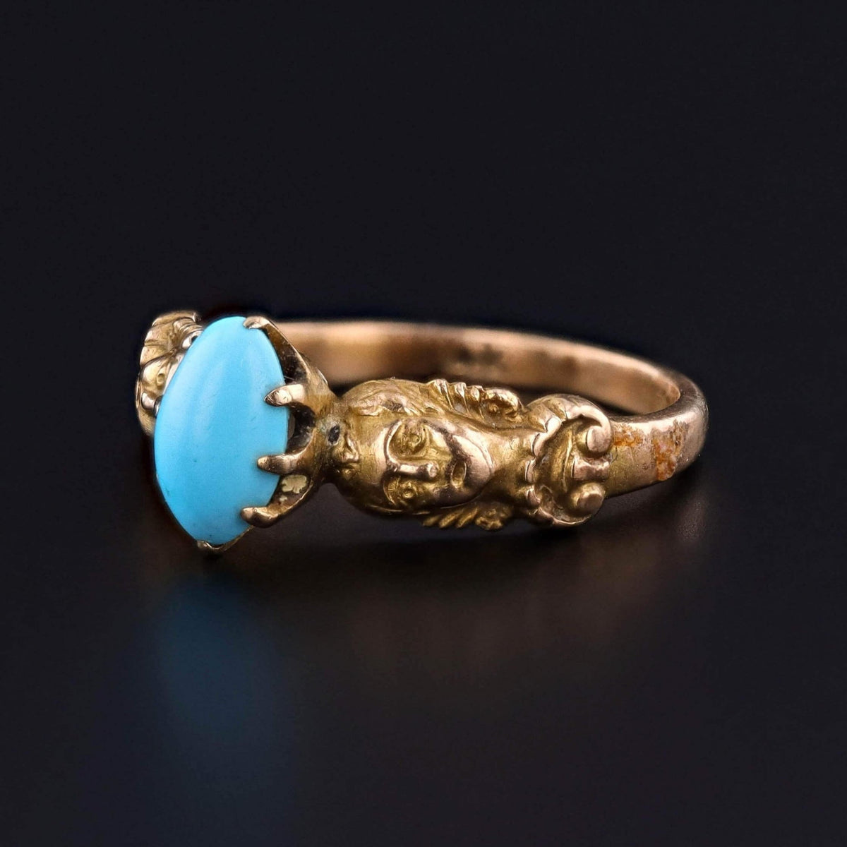 Antique Turquoise Cherub Ring of 14k Gold - Trademark Antiques