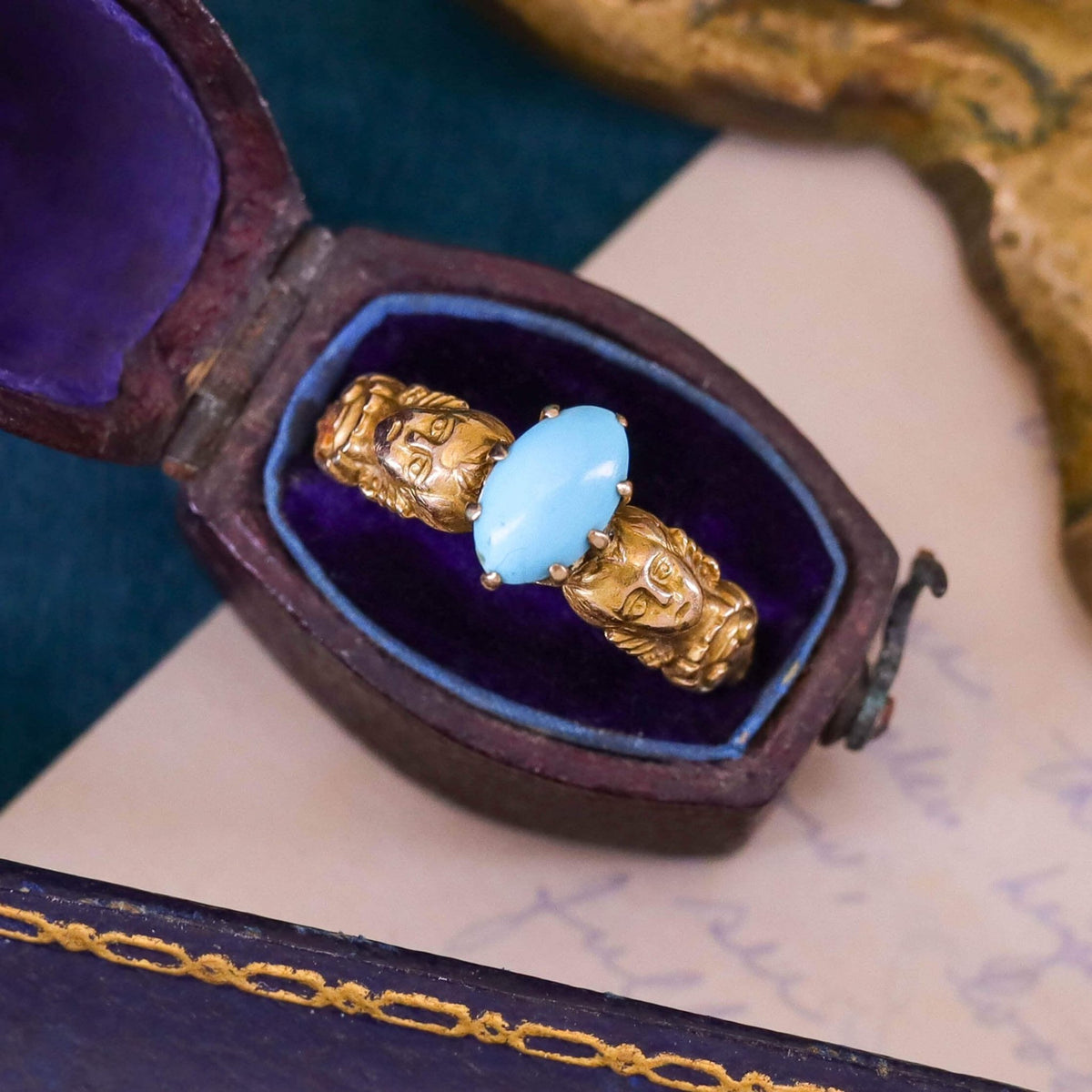 Antique Turquoise Cherub Ring of 14k Gold - Trademark Antiques