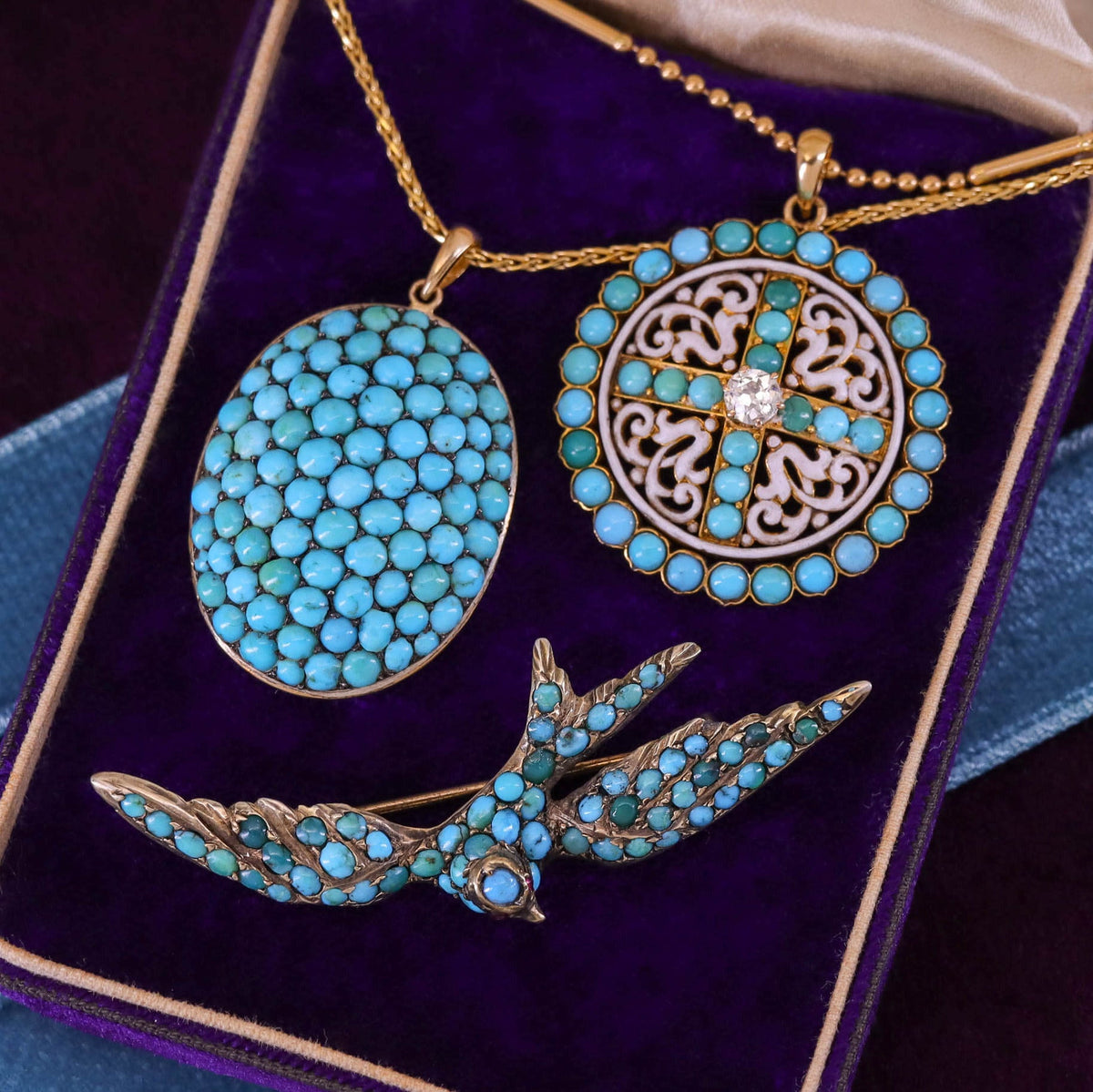 Antique Turquoise Conversion Necklace of 14k Gold - Trademark Antiques