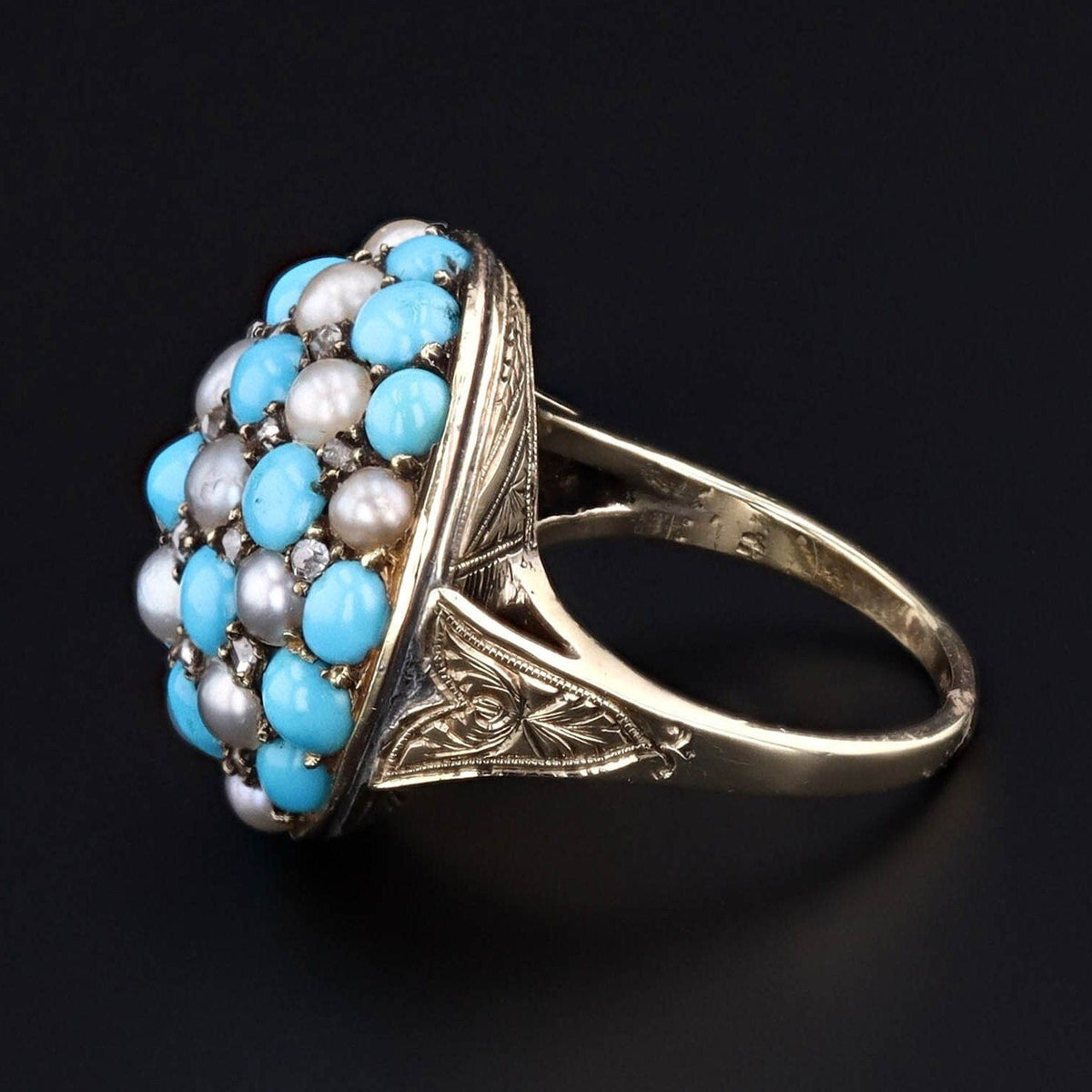 Antique Turquoise Diamond and Pearl Checkerboard Ring of 14k Gold - Trademark Antiques