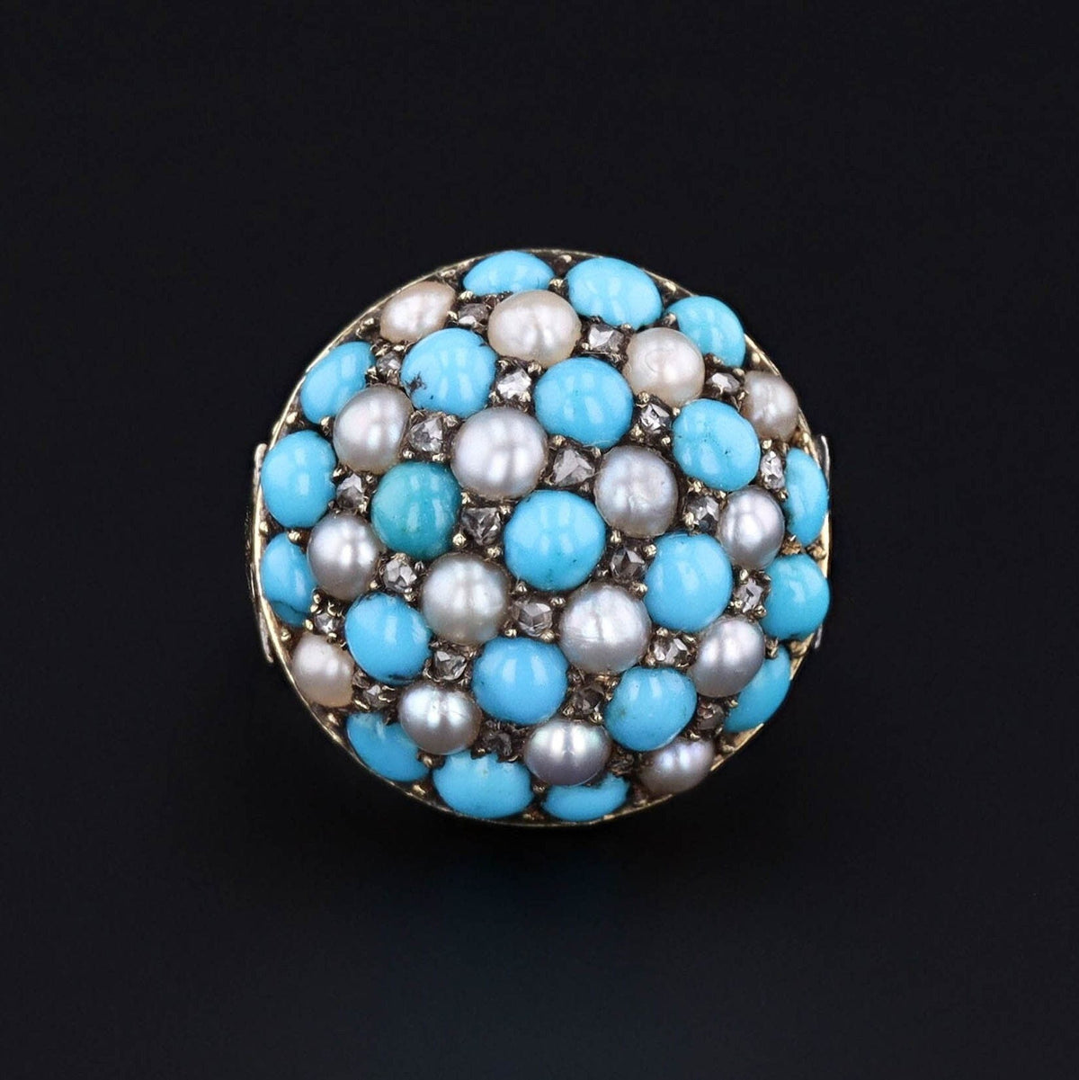Antique Turquoise Diamond and Pearl Checkerboard Ring of 14k Gold - Trademark Antiques