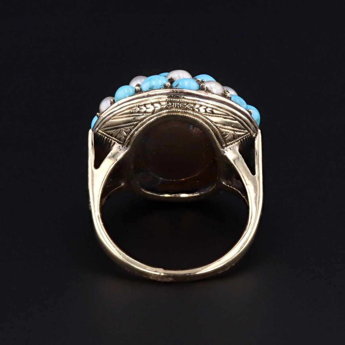 Antique Turquoise Diamond and Pearl Checkerboard Ring of 14k Gold - Trademark Antiques