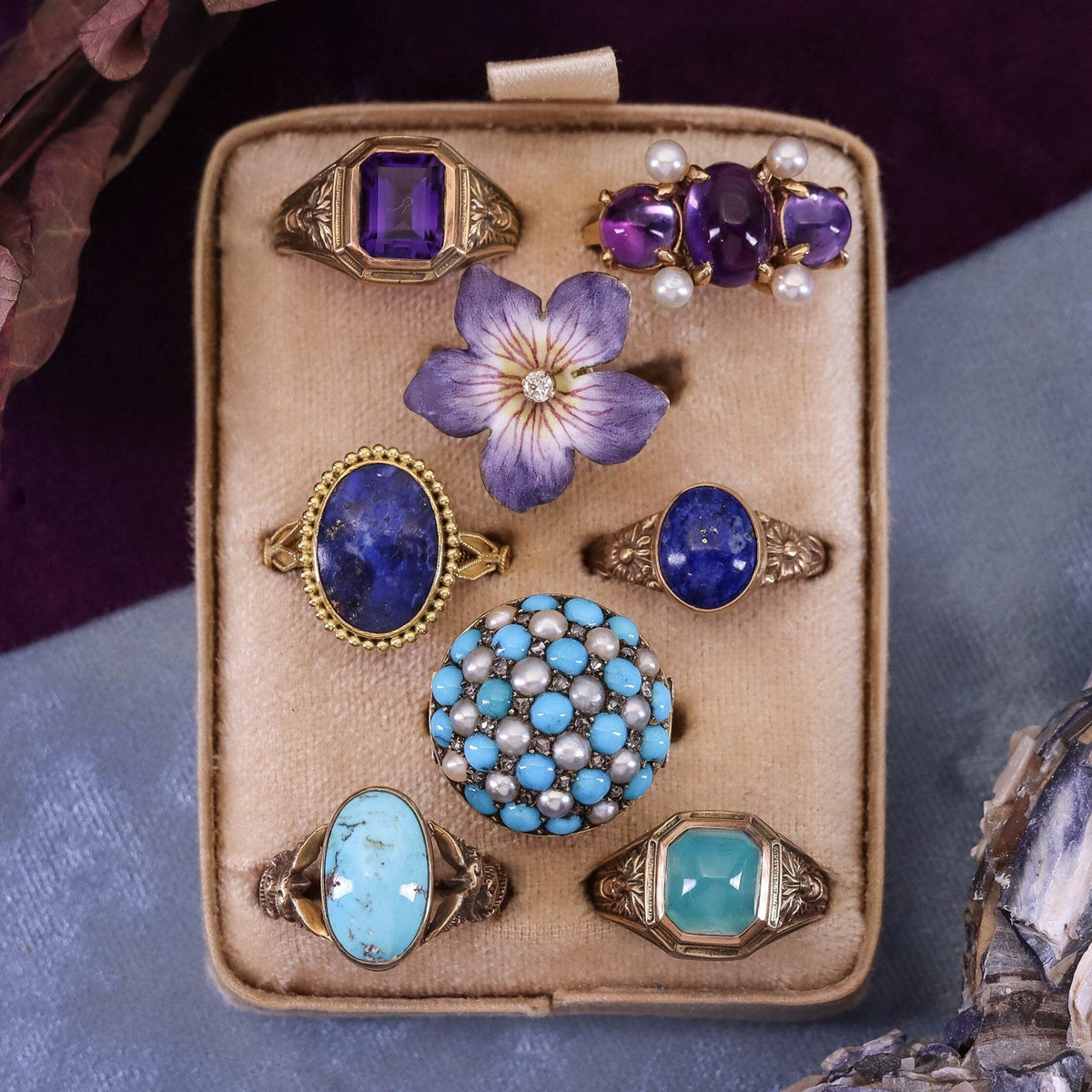 Antique Turquoise Diamond and Pearl Checkerboard Ring of 14k Gold - Trademark Antiques