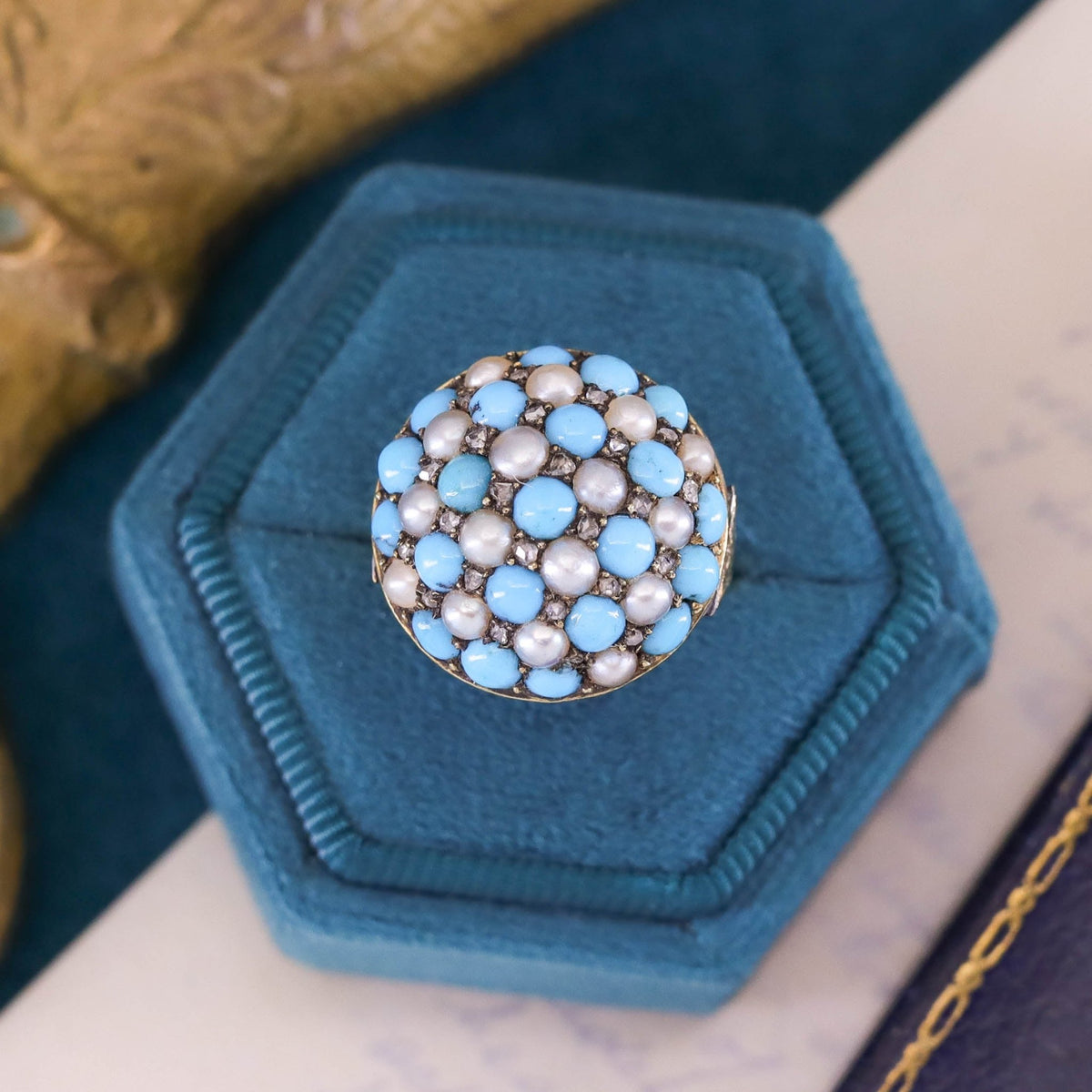 Antique Turquoise Diamond and Pearl Checkerboard Ring of 14k Gold - Trademark Antiques