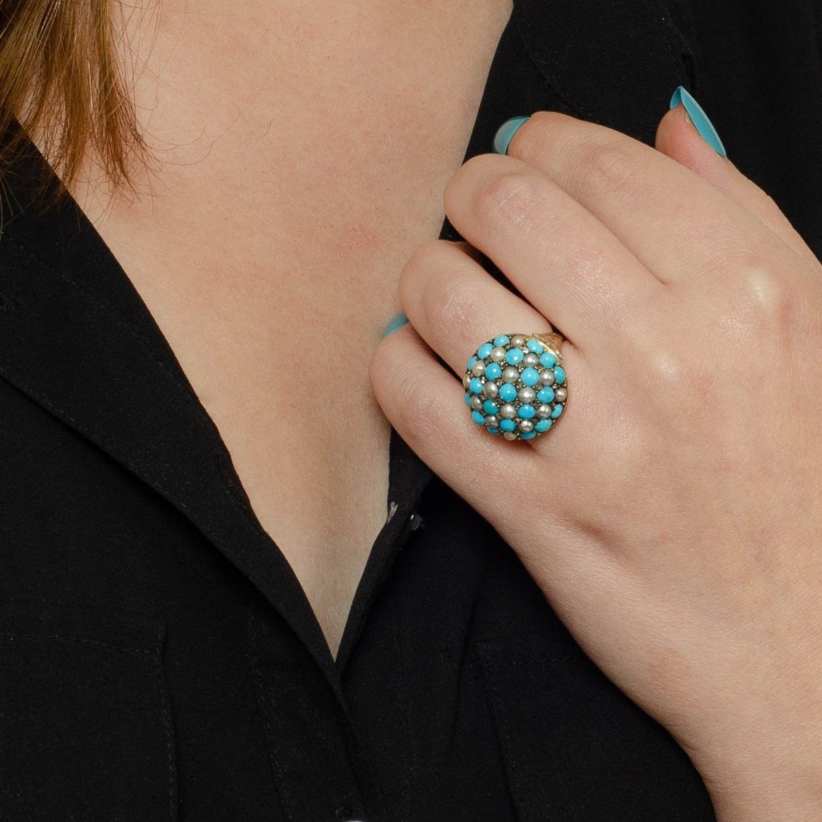 Antique Turquoise Diamond and Pearl Checkerboard Ring of 14k Gold - Trademark Antiques