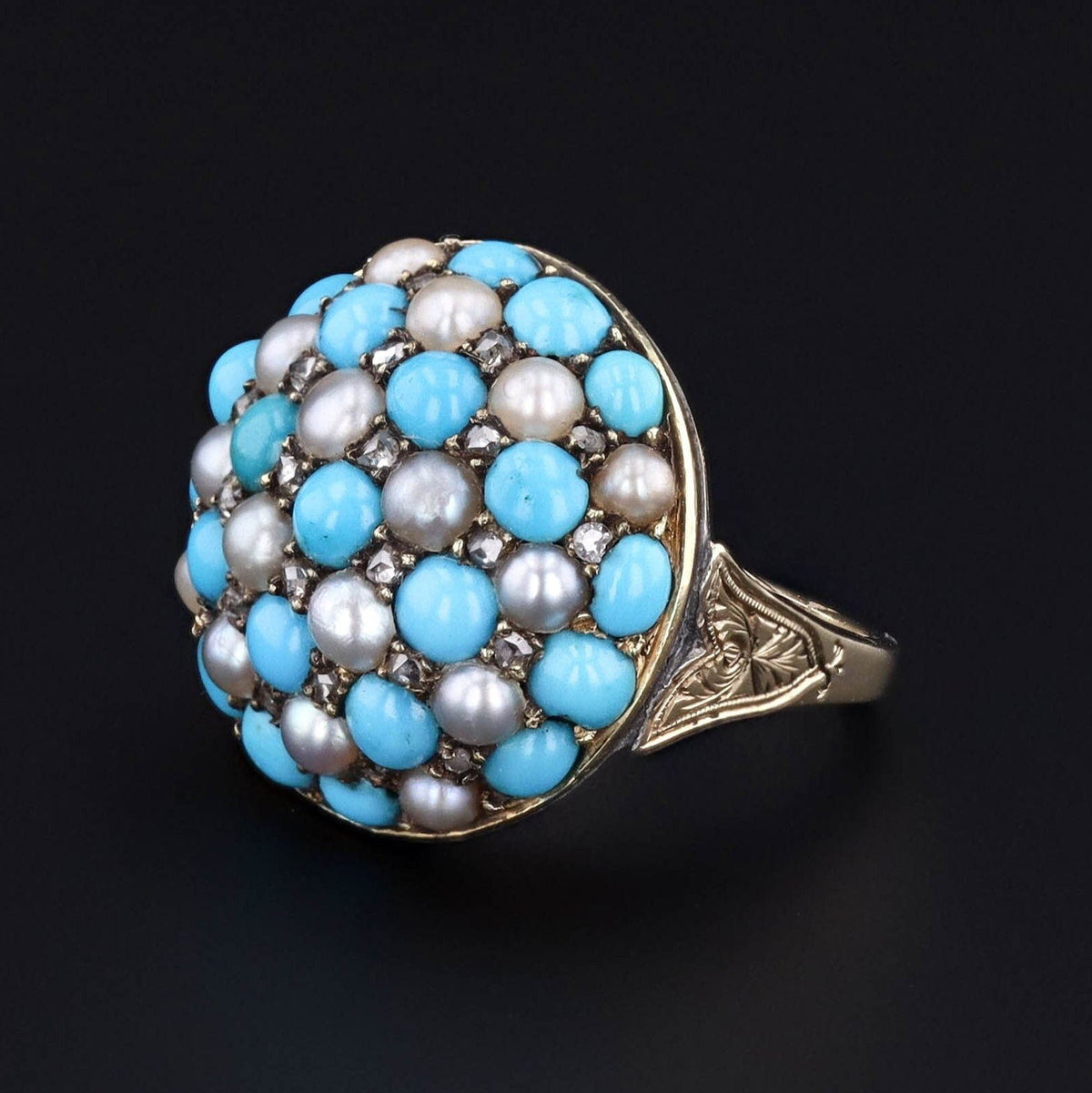 Antique Turquoise Diamond and Pearl Checkerboard Ring of 14k Gold - Trademark Antiques