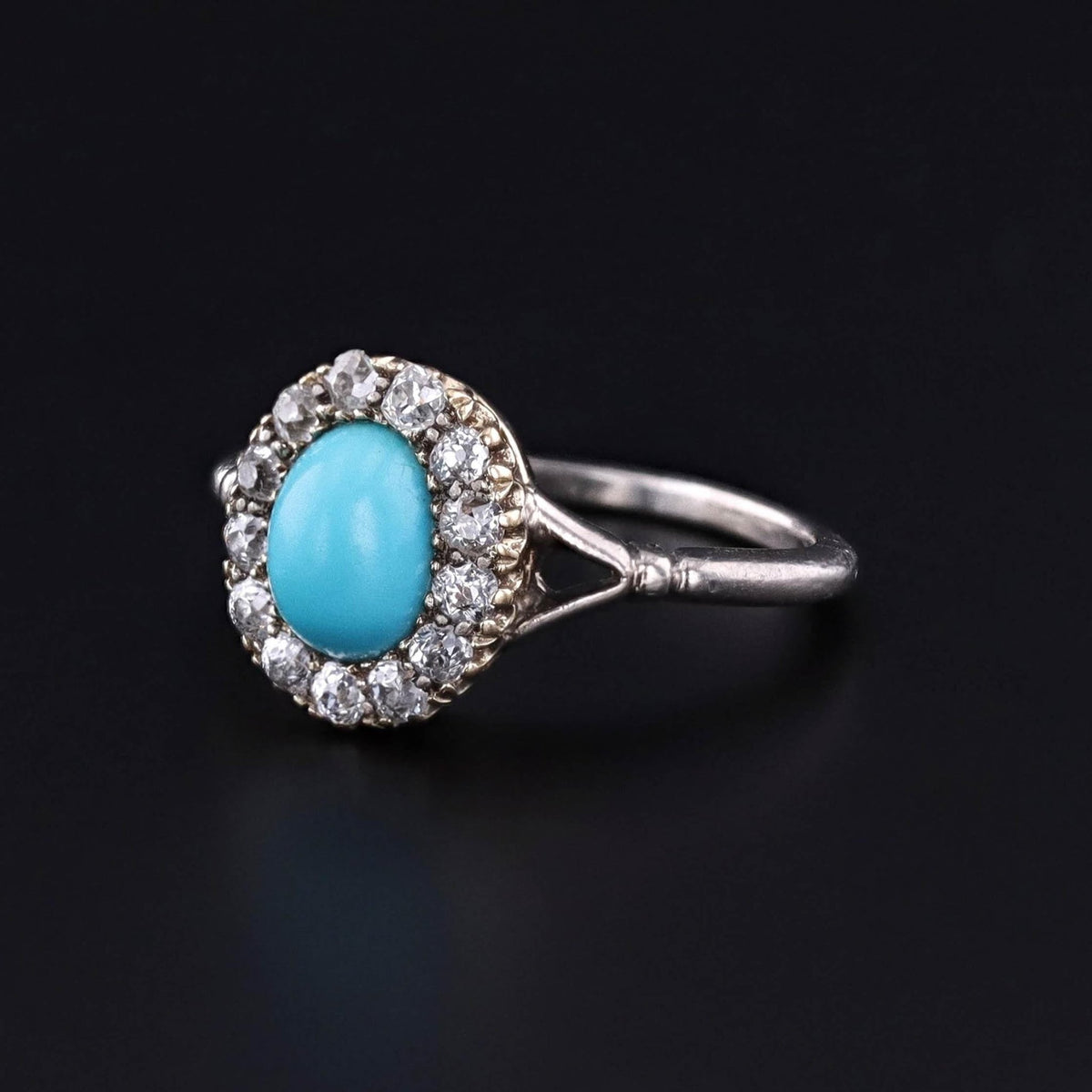Antique Turquoise Diamond Halo Ring of 18k White Gold - Trademark Antiques