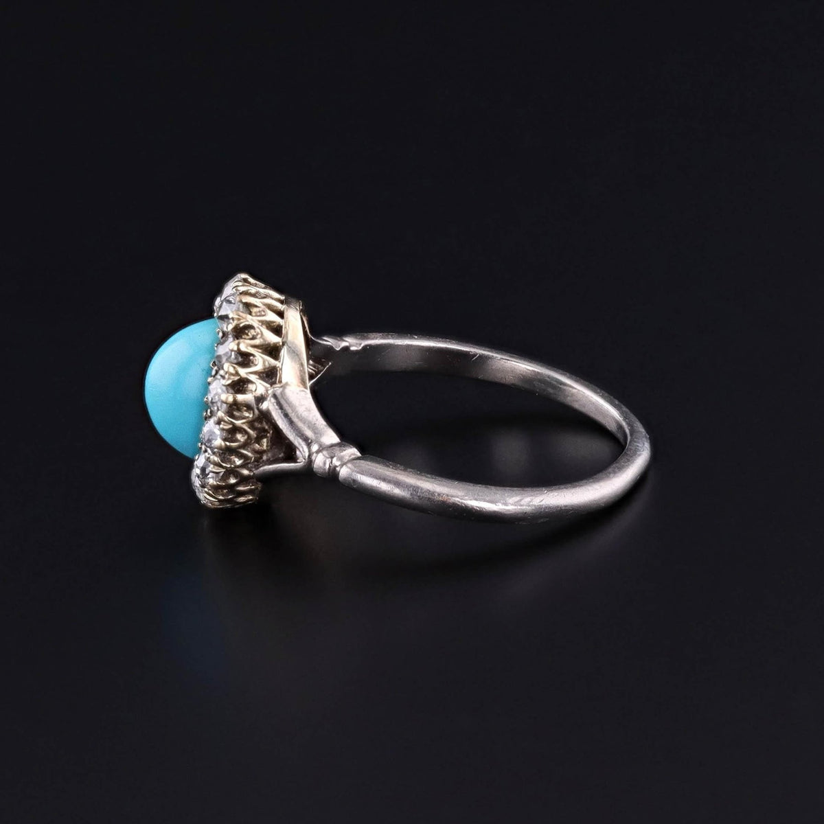 Antique Turquoise Diamond Halo Ring of 18k White Gold - Trademark Antiques