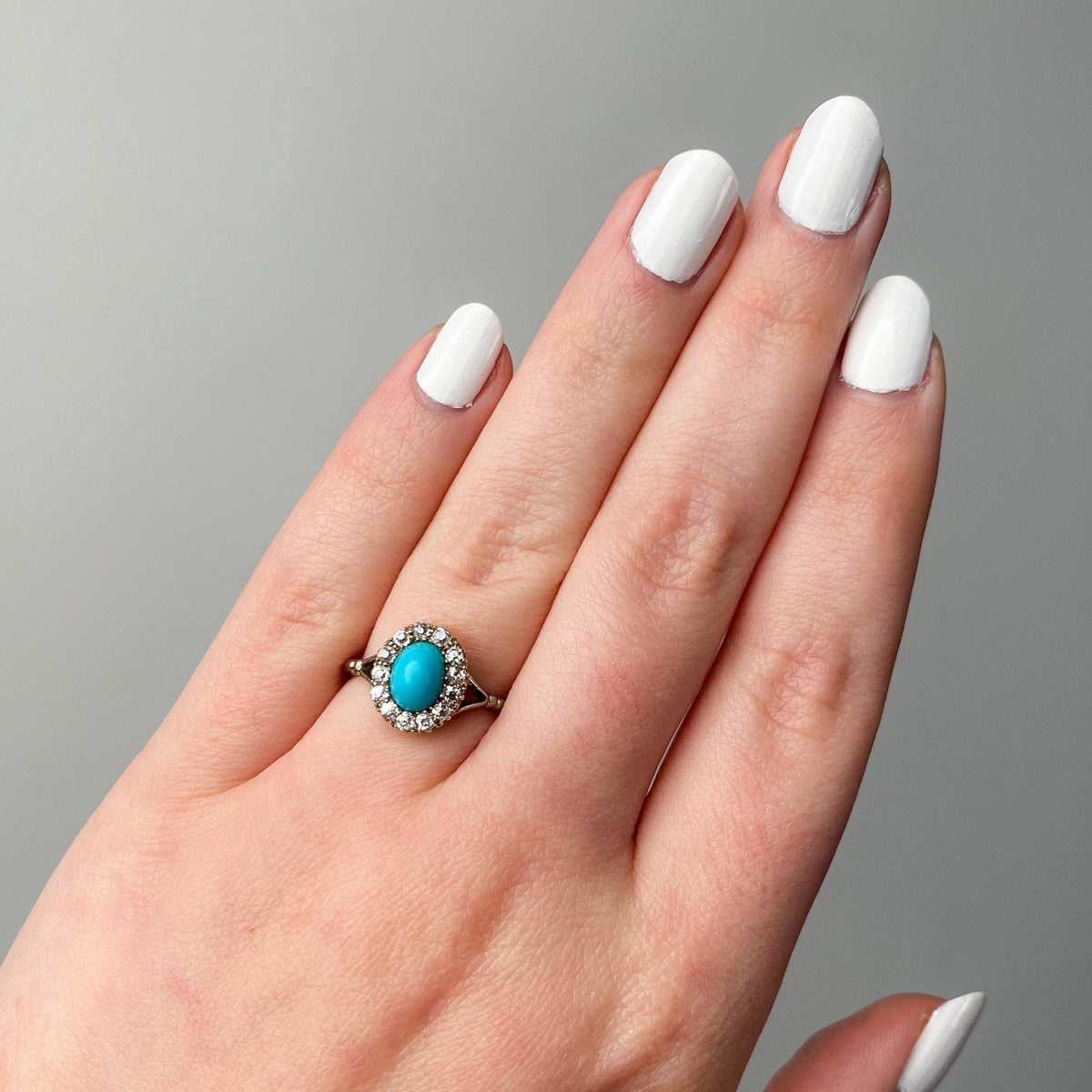 Antique Turquoise Diamond Halo Ring of 18k White Gold - Trademark Antiques