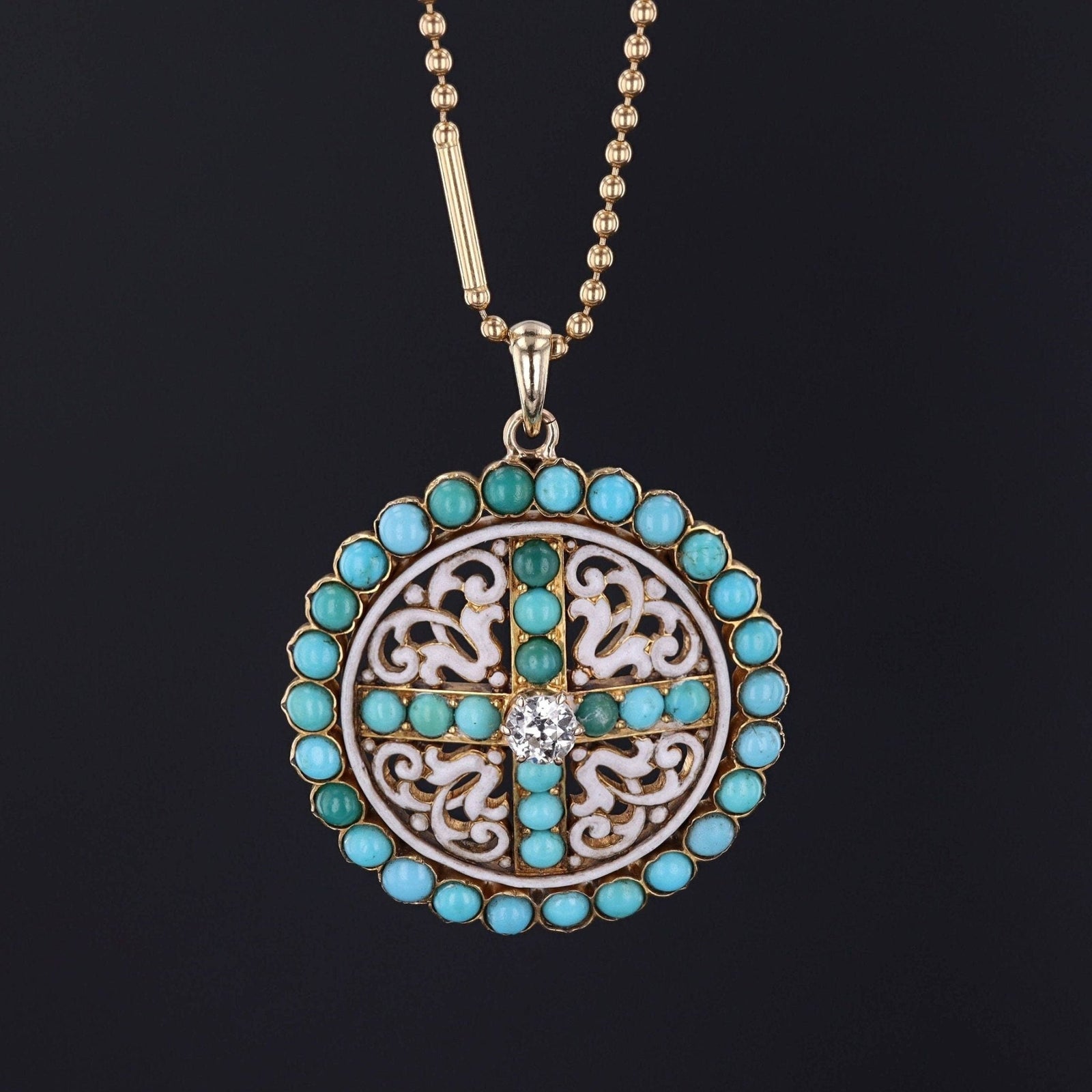 Antique Turquoise Enamel and Diamond Pendant of 14k Gold - Trademark Antiques