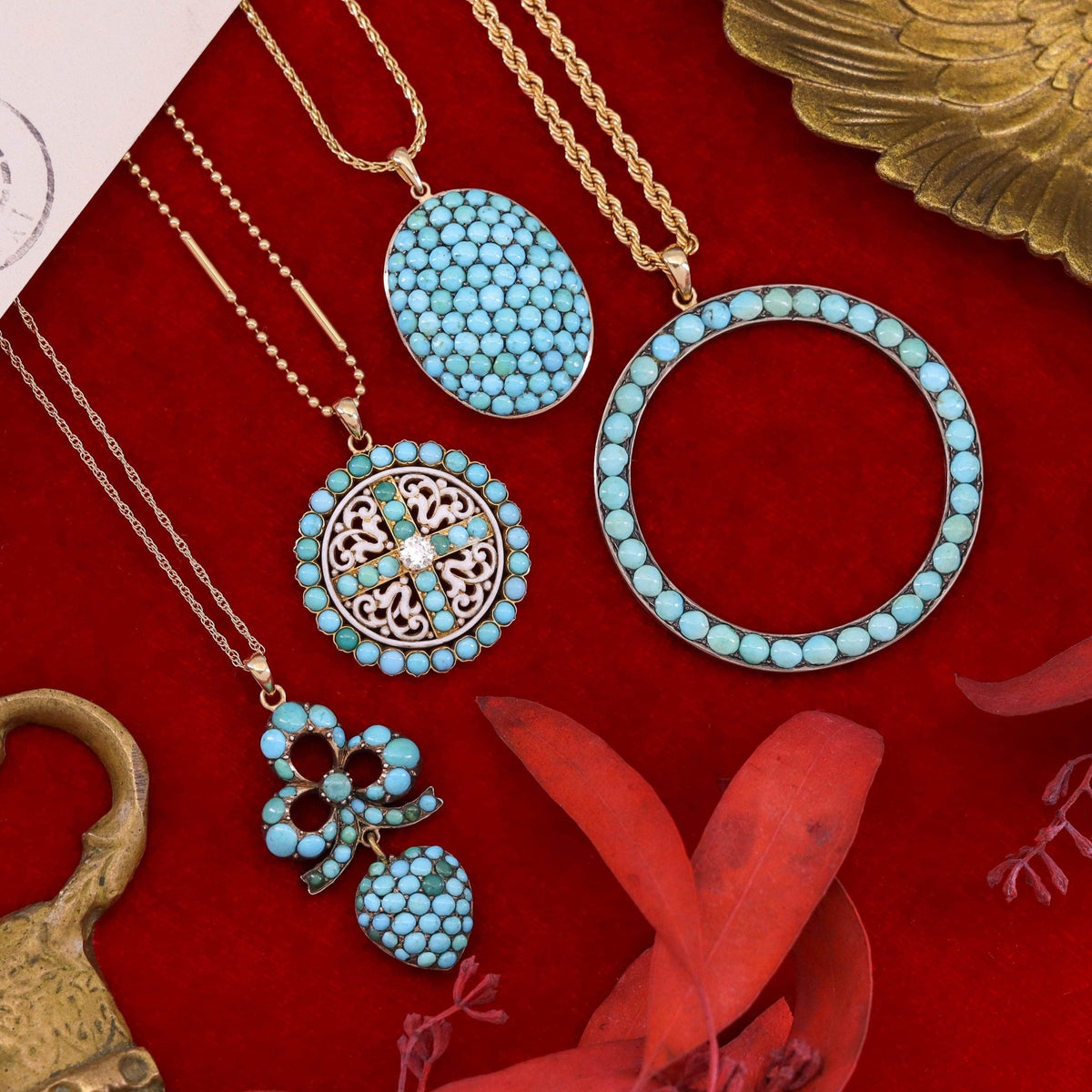 Antique Turquoise Enamel and Diamond Pendant of 14k Gold - Trademark Antiques