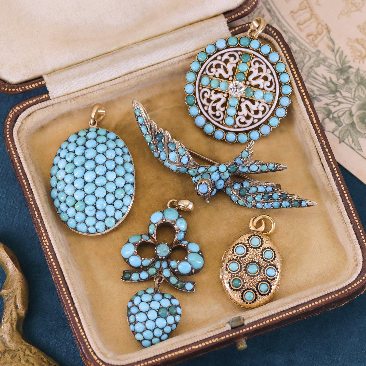 Antique Turquoise Enamel and Diamond Pendant of 14k Gold - Trademark Antiques