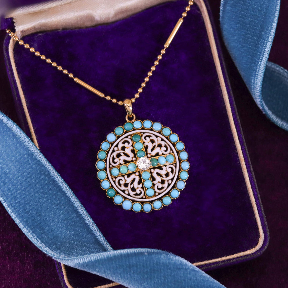 Antique Turquoise Enamel and Diamond Pendant of 14k Gold - Trademark Antiques