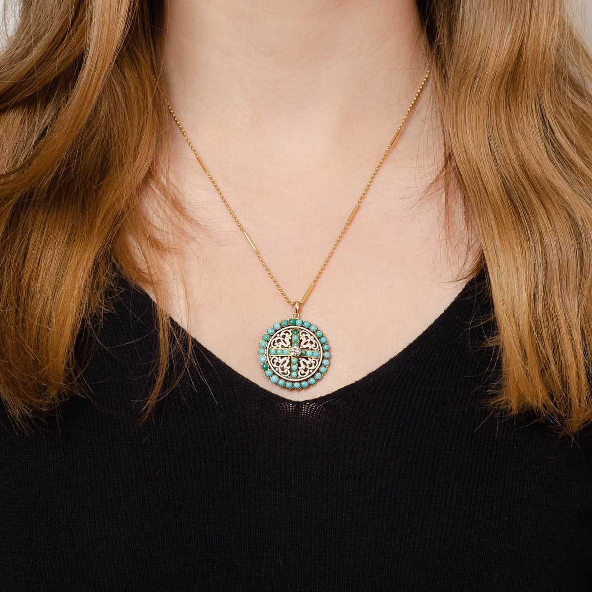 Antique Turquoise Enamel and Diamond Pendant of 14k Gold - Trademark Antiques