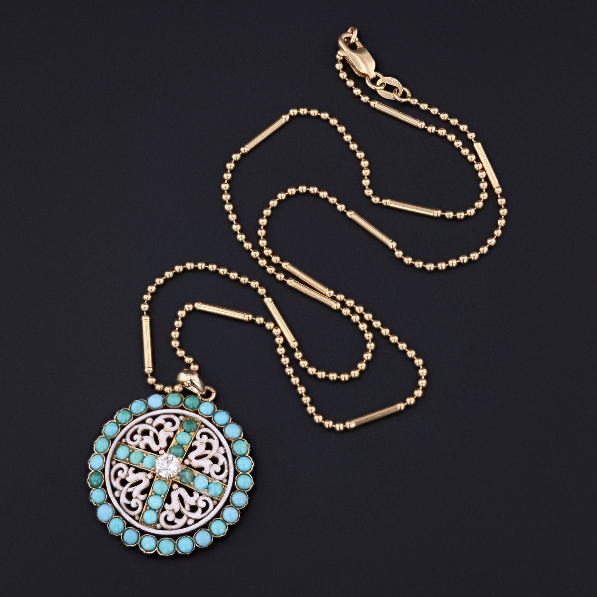 Antique Turquoise Enamel and Diamond Pendant of 14k Gold - Trademark Antiques
