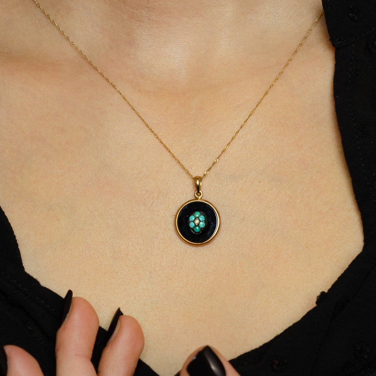 Antique Turquoise Forget Me Not Conversion Necklace of 14k Gold - Trademark Antiques