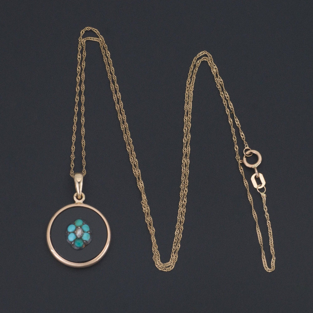 Antique Turquoise Forget Me Not Conversion Necklace of 14k Gold - Trademark Antiques