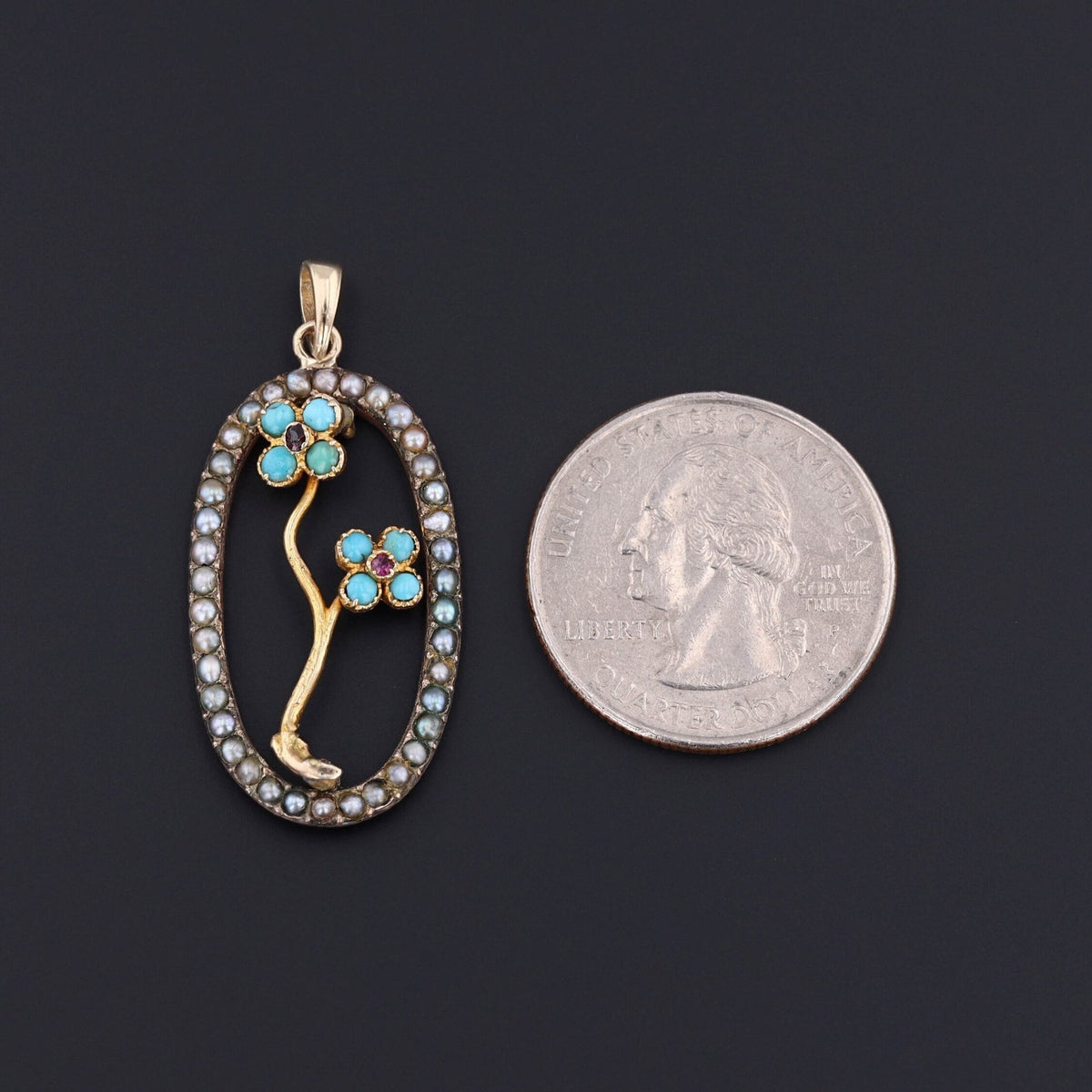 Antique Turquoise Forget - Me - Not Conversion Pendant of 14k Gold - Trademark Antiques