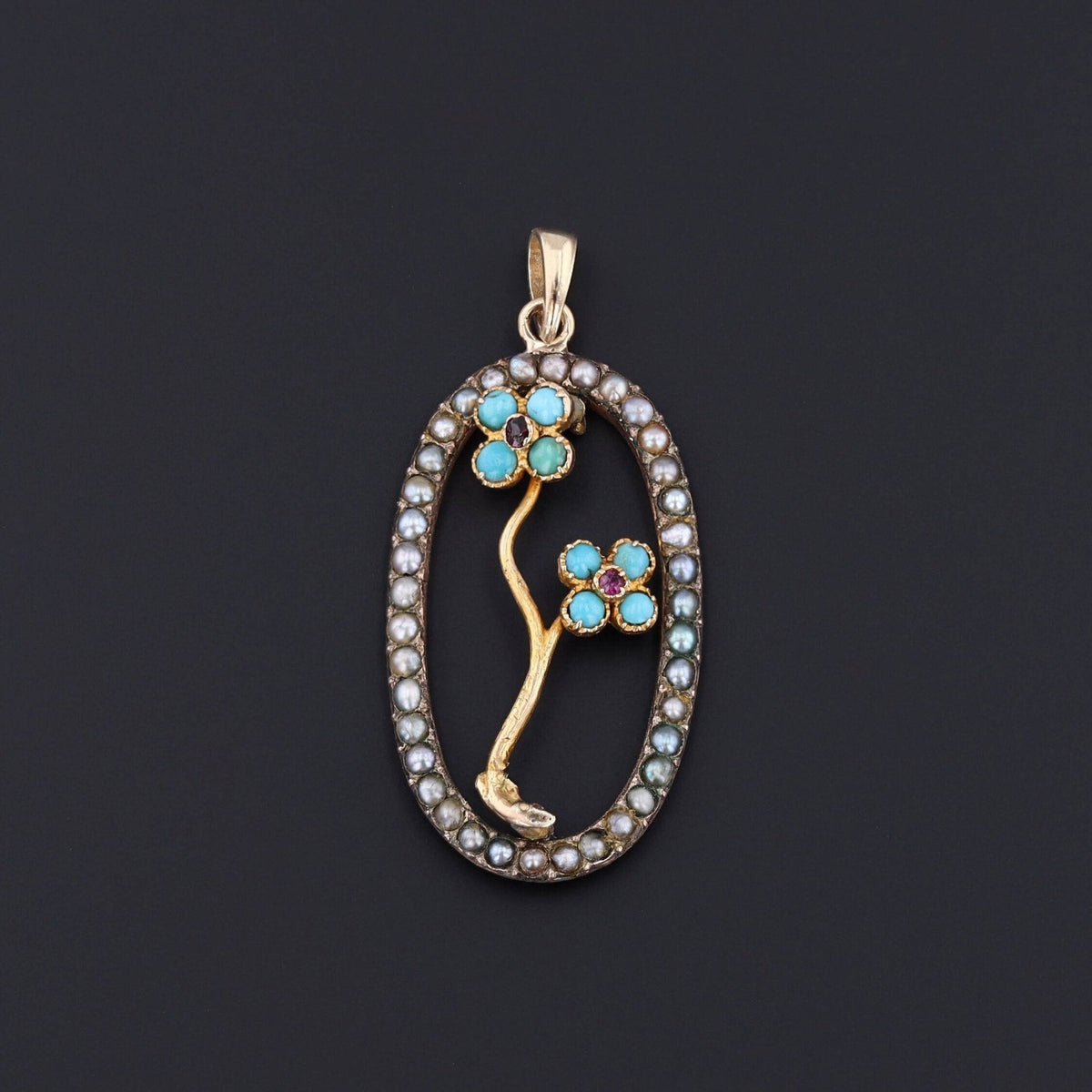 Antique Turquoise Forget - Me - Not Conversion Pendant of 14k Gold - Trademark Antiques