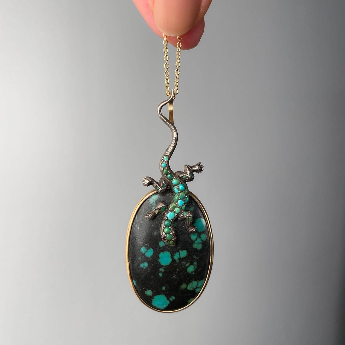 Antique Turquoise Lizard Pendant of Gold and Silver - Trademark Antiques